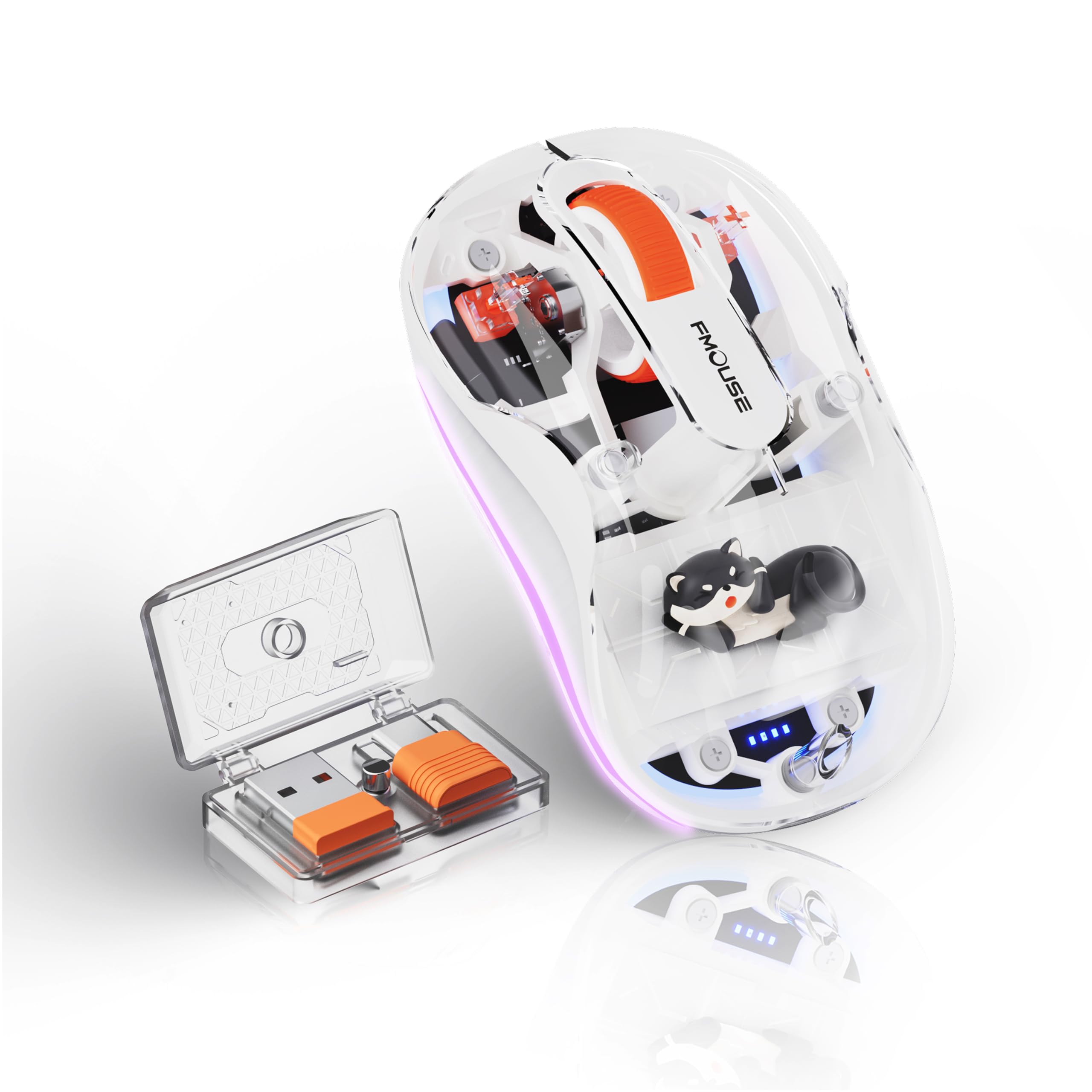 FMOUSE Simpatico mouse wireless Bluetooth ricaricabile, 2.4G e Dual BT Mouse silenzioso per computer con luce RGB, 4 DPI regolabili, design bianco trasparente con statuetta con lontra per laptop, PC