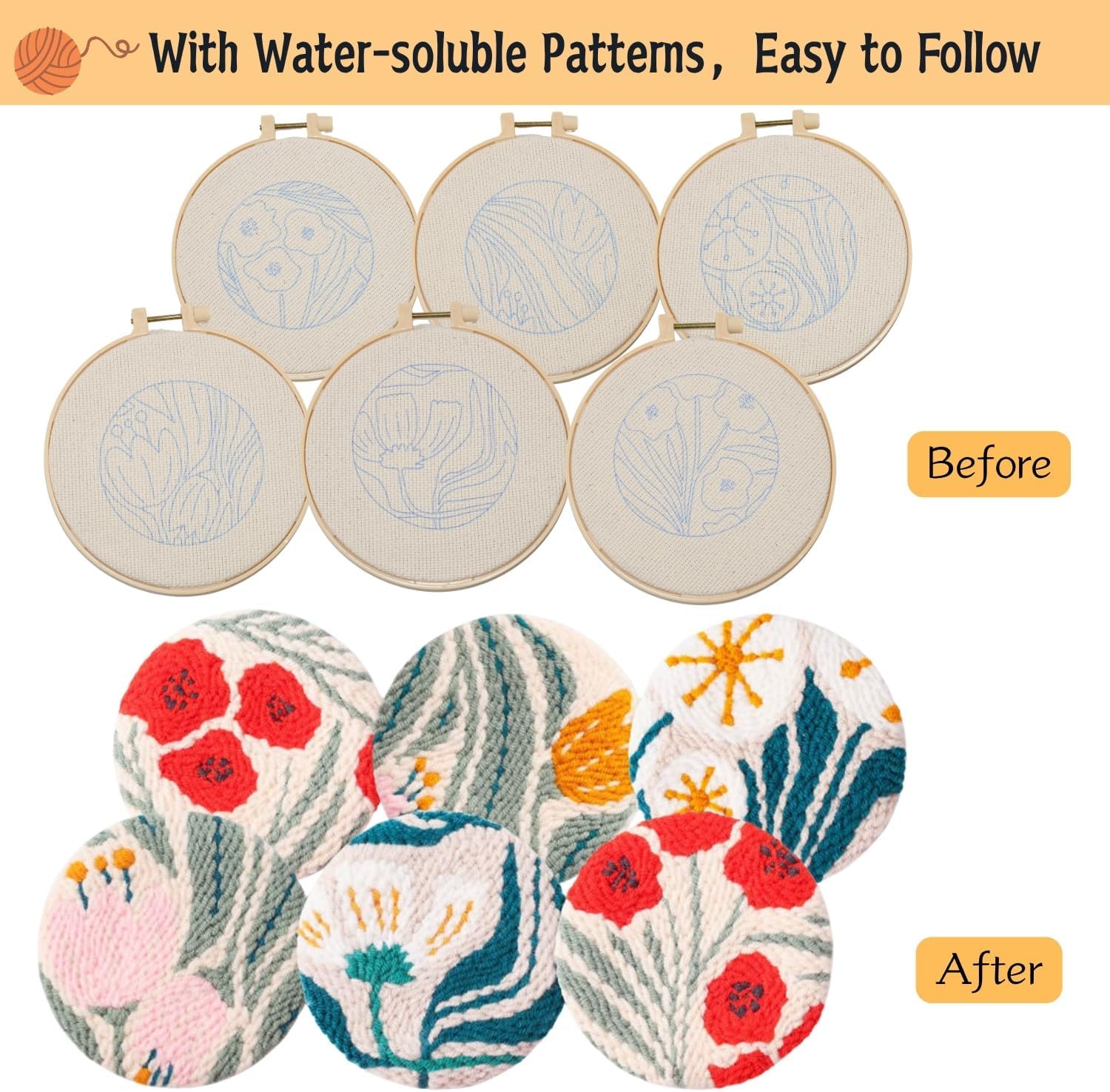 Mooncci Punch Needle Coaster Kit, 6pcs Flower Pattern Needle Punch Kits with Tools and Instructions for Adults Beginners, Great Festival Gift and Decoration Ideas