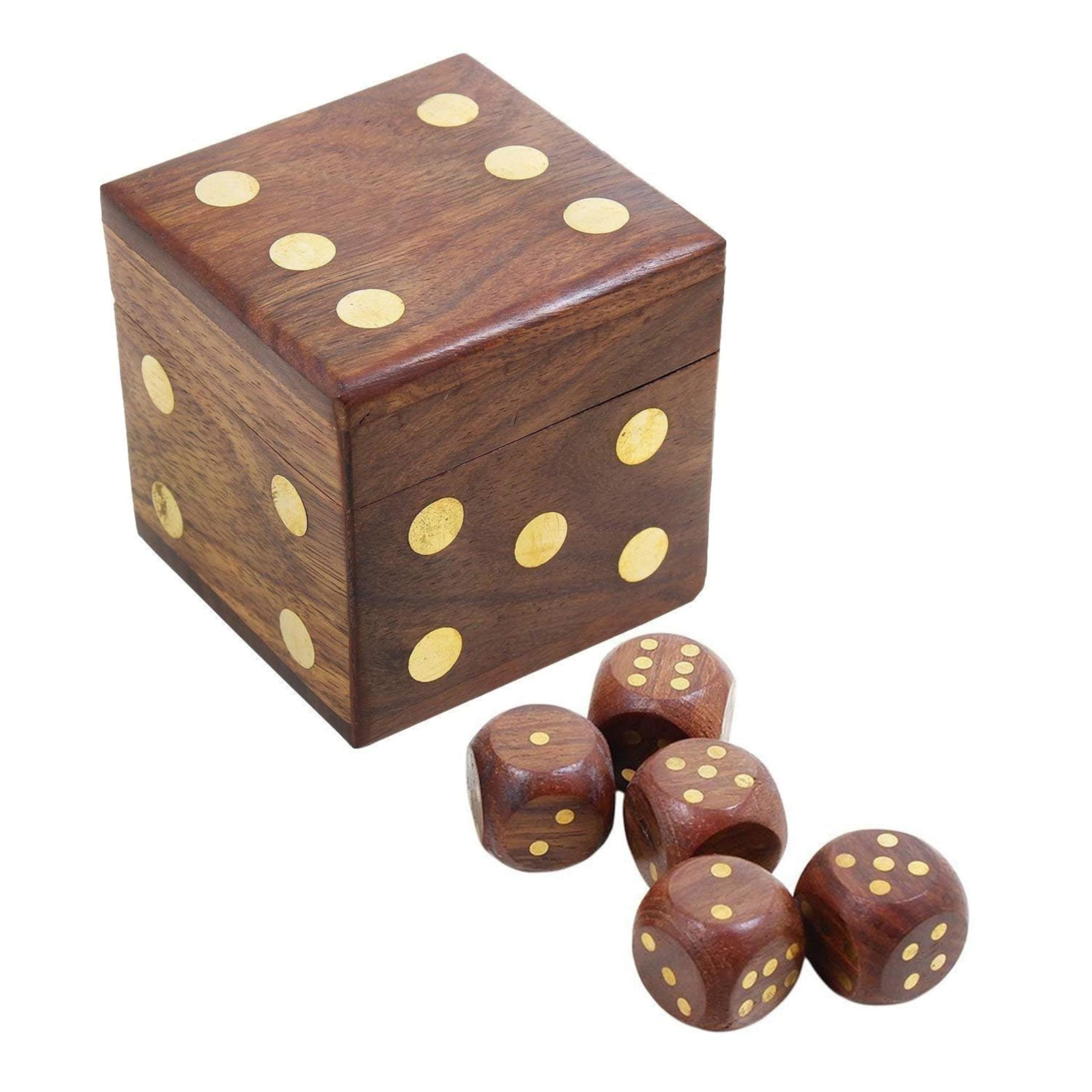 THE Unltd India Wood Dice Set of 5 Casino, Handmade 20 mm Dice with Vintage Storage Box, Decorative Brass Inlay Collectible, Wooden Dice for Ludo Snake Ladder Game (Brown) (B0D968V2DV) Amazon Price History, Amazon Price Tracker