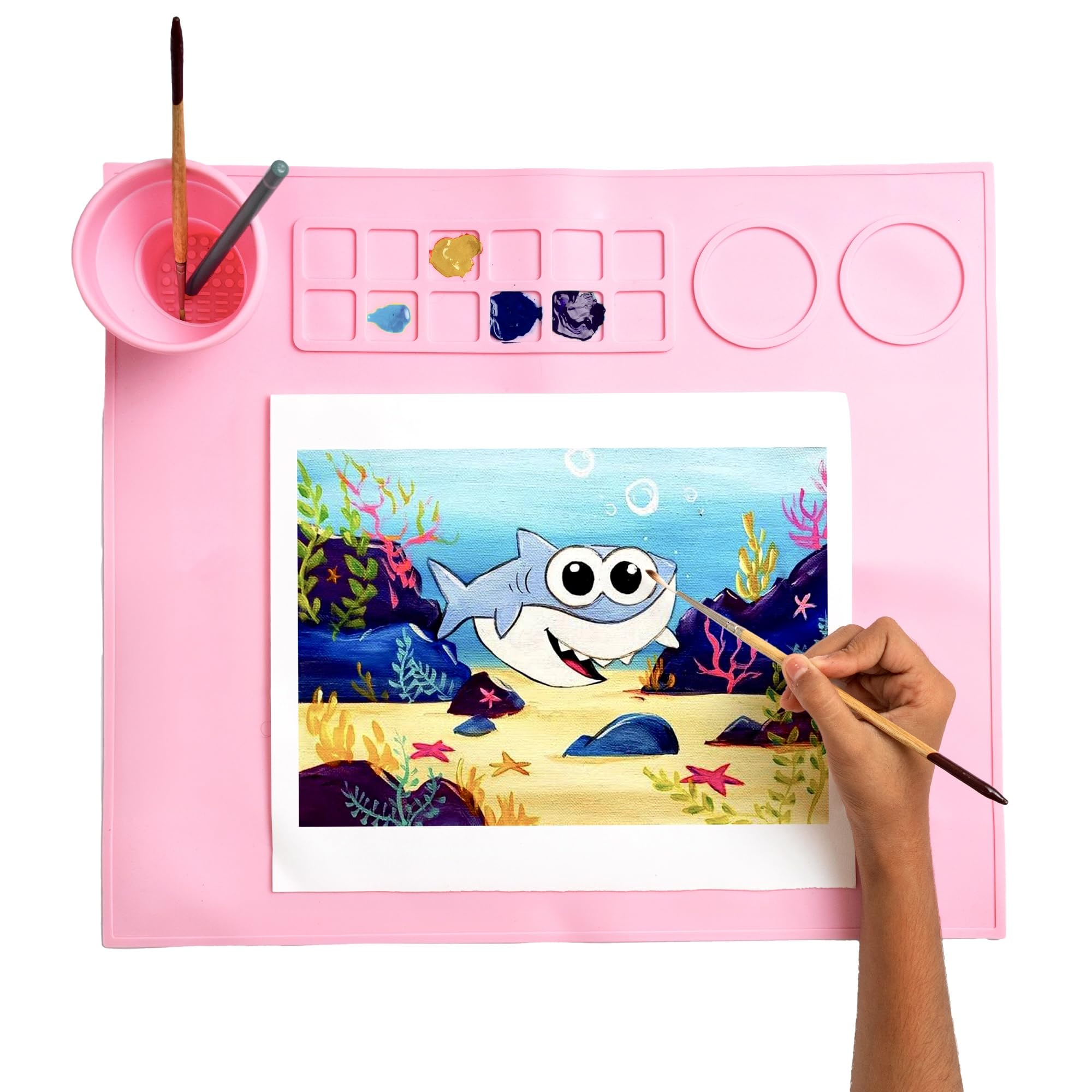 Essenza 100% Non-Toxic Silicone Painting Mat 42 x 37 CM, 12 Paint Lines & Cleaning Cups for Kids, Non-Stick, Crafts, Resin, Clay, Play Doh, DIY, Art & Craft, Gift for Kids, Pink