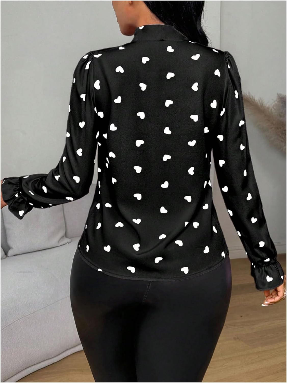 Milumia Women's Heart Print Tie Neck Blouse Long Puff Sleeve Business Casual Work Tops - Image 2