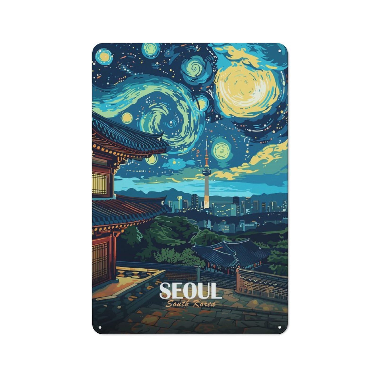 Junmoney Style-22 Metal Wall Plaque With Seoul, South Korea Nightscape Art Design 30X20cm, Retro Room Wall Plaque For Home, Shop, Pub Or Studio Wall