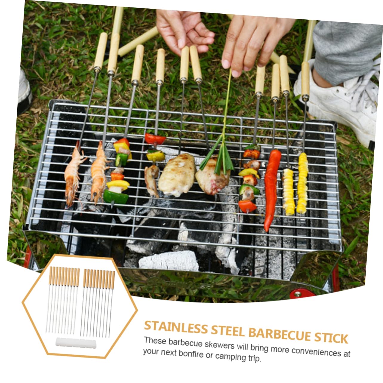 Pinchos Inoxidable y Madera Brochetas Duraderas y Resistentes Mango Aislante