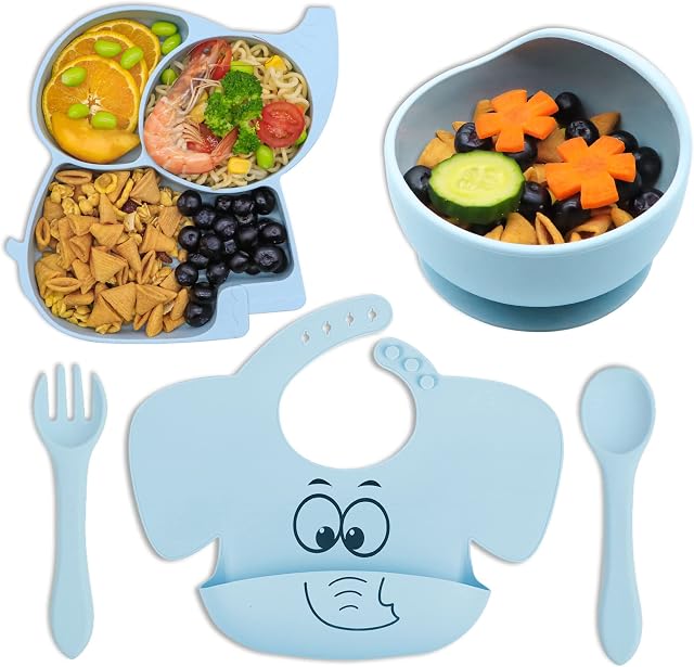 Hoseay Feeding Set for Baby, Set of 5 Toddler Weaning Kit Silicone Plate Bowls with Suction, Bibs Spoon Fork Cutlery Set, First Meal Tableware for Kids Girls Boys Easy Clean/Wipe, BPA Free, Blue