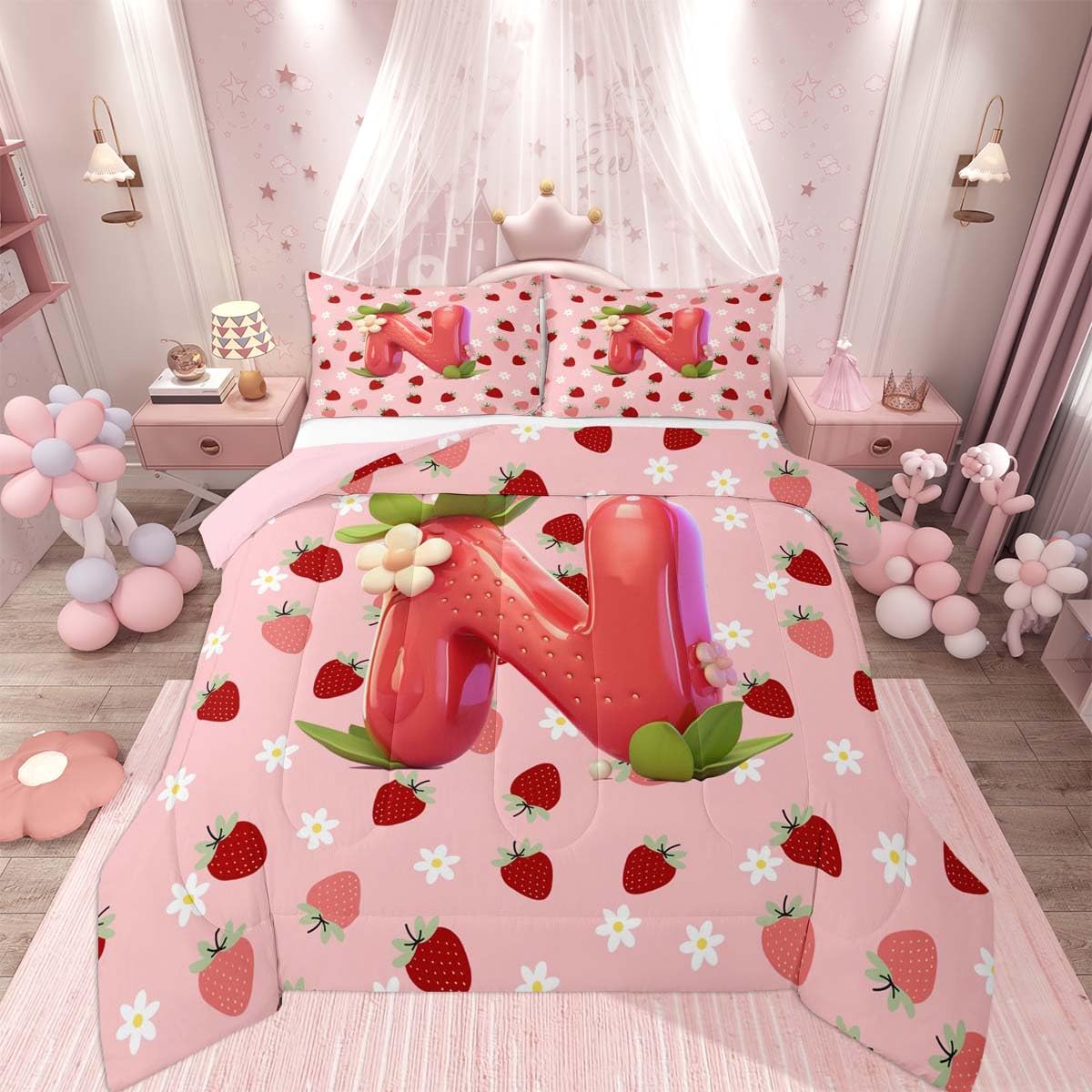 Feelyou Girls Cute Strawberry Bedding Set Soft for Boys Girls, Pink Strawberry Comforter Set King Size Initial Letter N Duvet Quilt Microfiber Bedroom Decor 3 Pcs with 2 Pillow Cases