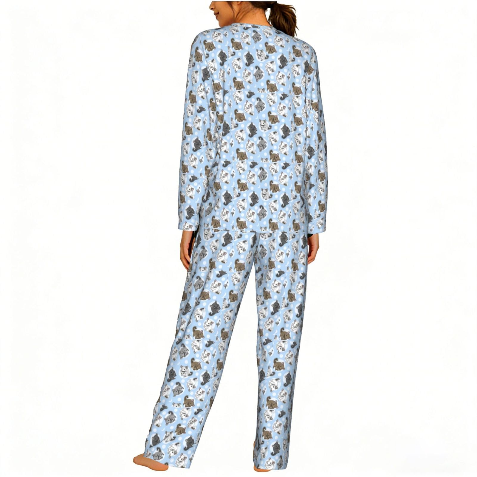 Blu Cincillà E Luna Stampa Delle Donne Maniche Lunghe Pigiama Set Morbido Elastico Coulisse Casual Daywear
