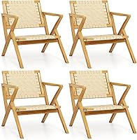 Vista 11 de Tangkula Silla de comedor de madera de teca para exteriores, sillón rústico de madera para patio con asiento y respaldo de cincha, para sala