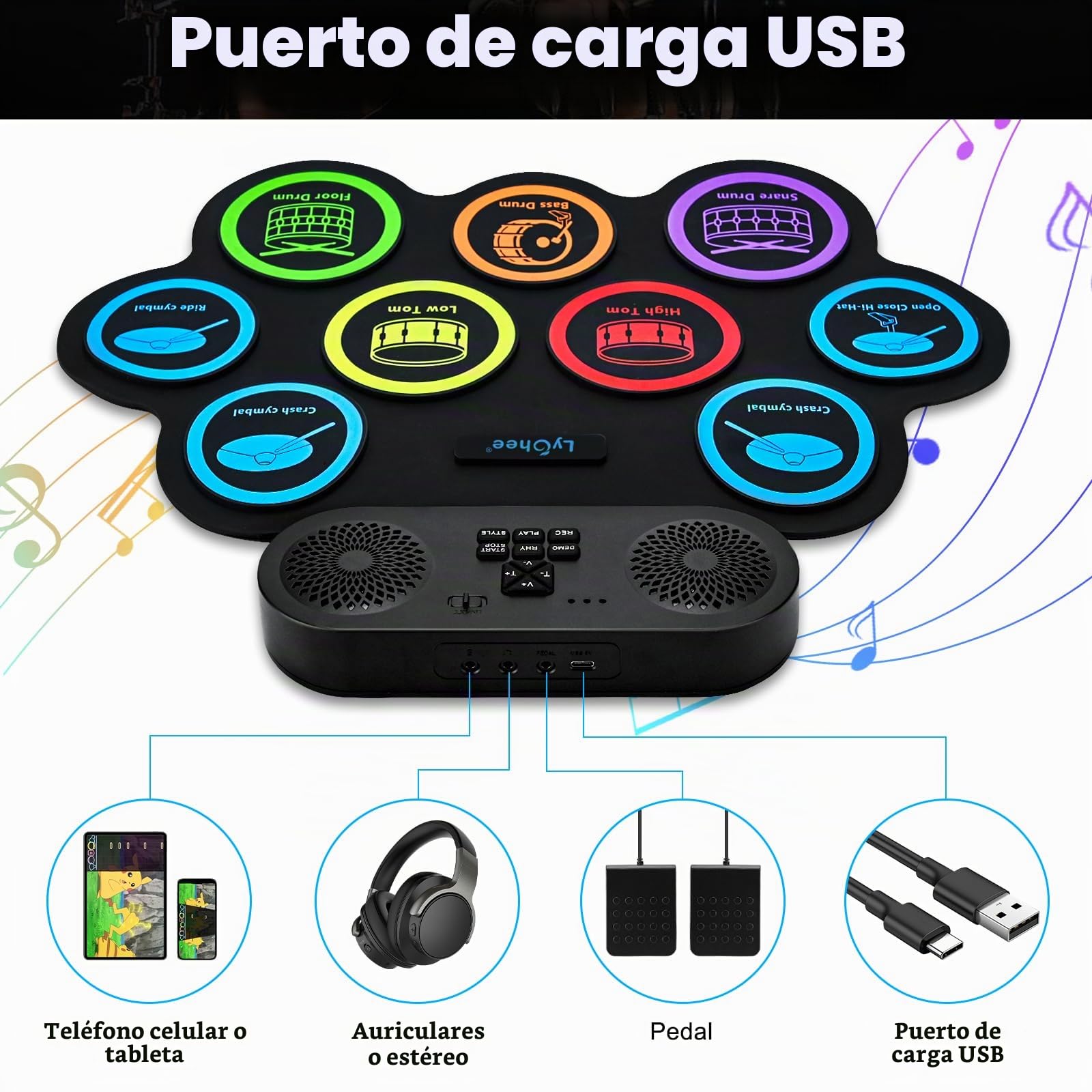 Batería electrónica Lychee con conector para auriculares, 9 almohadillas enrollables estéreo para práctica de batería, altavoz integrado, pedales y baquetas compatibles con conexión externa, ideal com