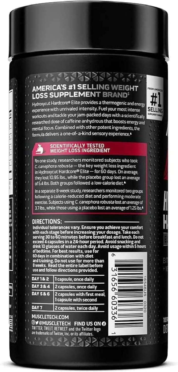 Hydroxycut Hardcore Elite - 100 Rapid-Release Thermo Caps - Energy & Focus - for Men & Women - 50 Servings (Pack of 2)