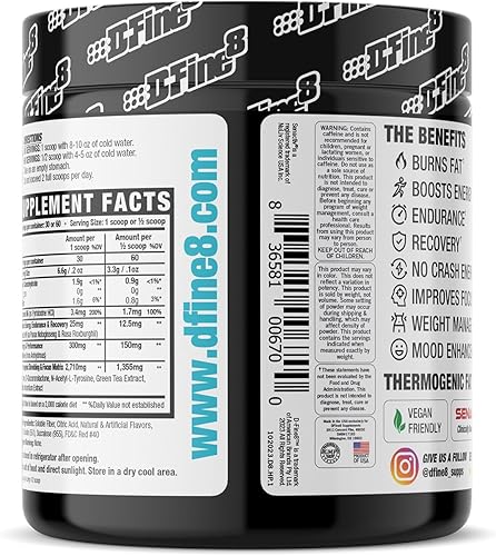 Miniatura 4 de D-Fine8 Polvo energético termogénico pre-entrenamiento y suplemento de trituración, aumenta la energía, estado de ánimo y enfoque, sin azúcar,