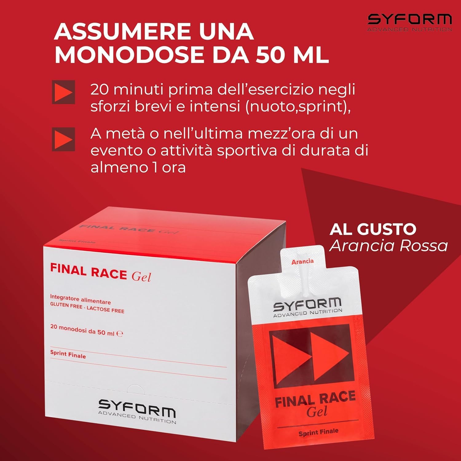 FINAL RACE GEL, Energia fulminea per lo sprint finale - Carbo 1:0,8, Con Esafosfina, Acetilcarnitina e beta-Alanina, Contrasta l’acidosi muscolare, Senza Glutine, Senza Lattosio, EXPO 20 GEL ARANCIA