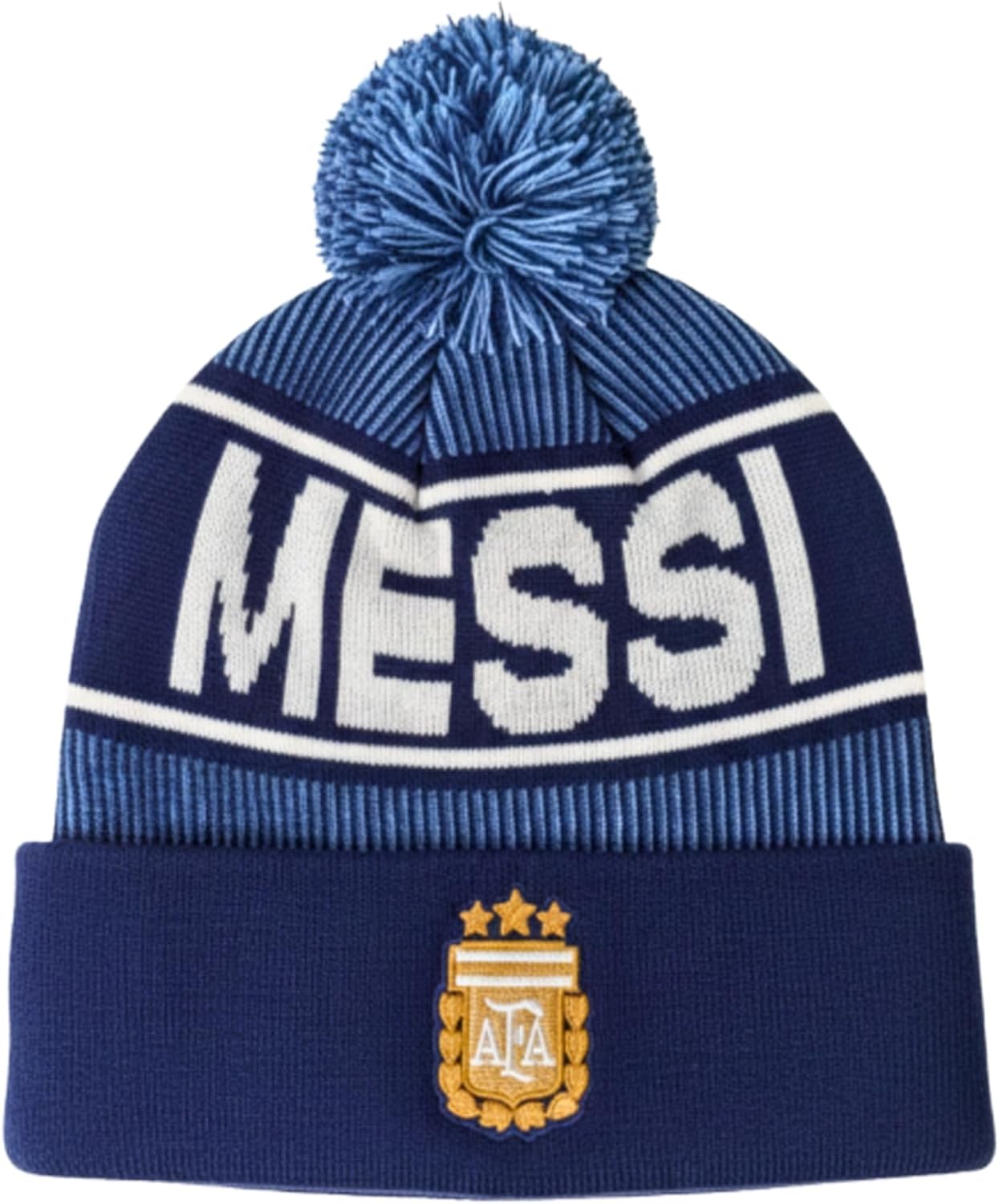 Messi Argentina Beanie – Adult Winter Hat with Pom, AFA Crest & 3-Star Design Fan Gear White