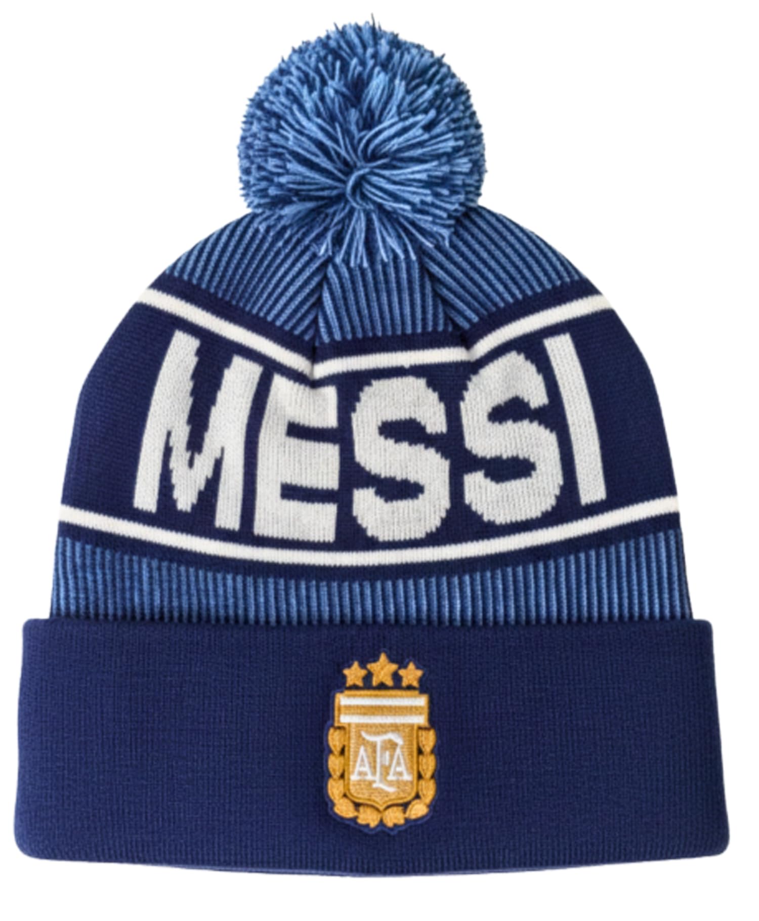 Messi Argentina Beanie – Adult Winter Hat with Pom, AFA Crest & 3-Star Design Fan Gear White
