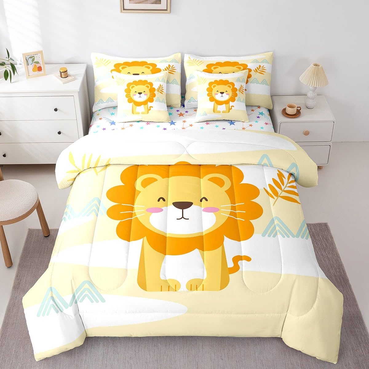 Feelyou Cute Lion 7 Piece Bedding Set Twin Size Cartoon Lion Comforter Set with Sheets for Kids Boys Girls Teens Yellow Animal Print Bed in a Bag Cute