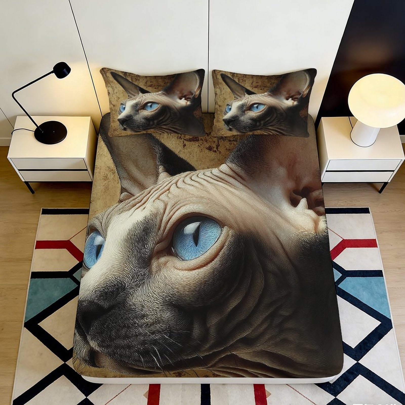 3D Printed Sphynx Cat Fitted Sheet Microfiber Soft Durable Light Brown Bed Cover for Bedroom Dormitory Guest Room Mattress Protection Decoration 160x200x25cm
