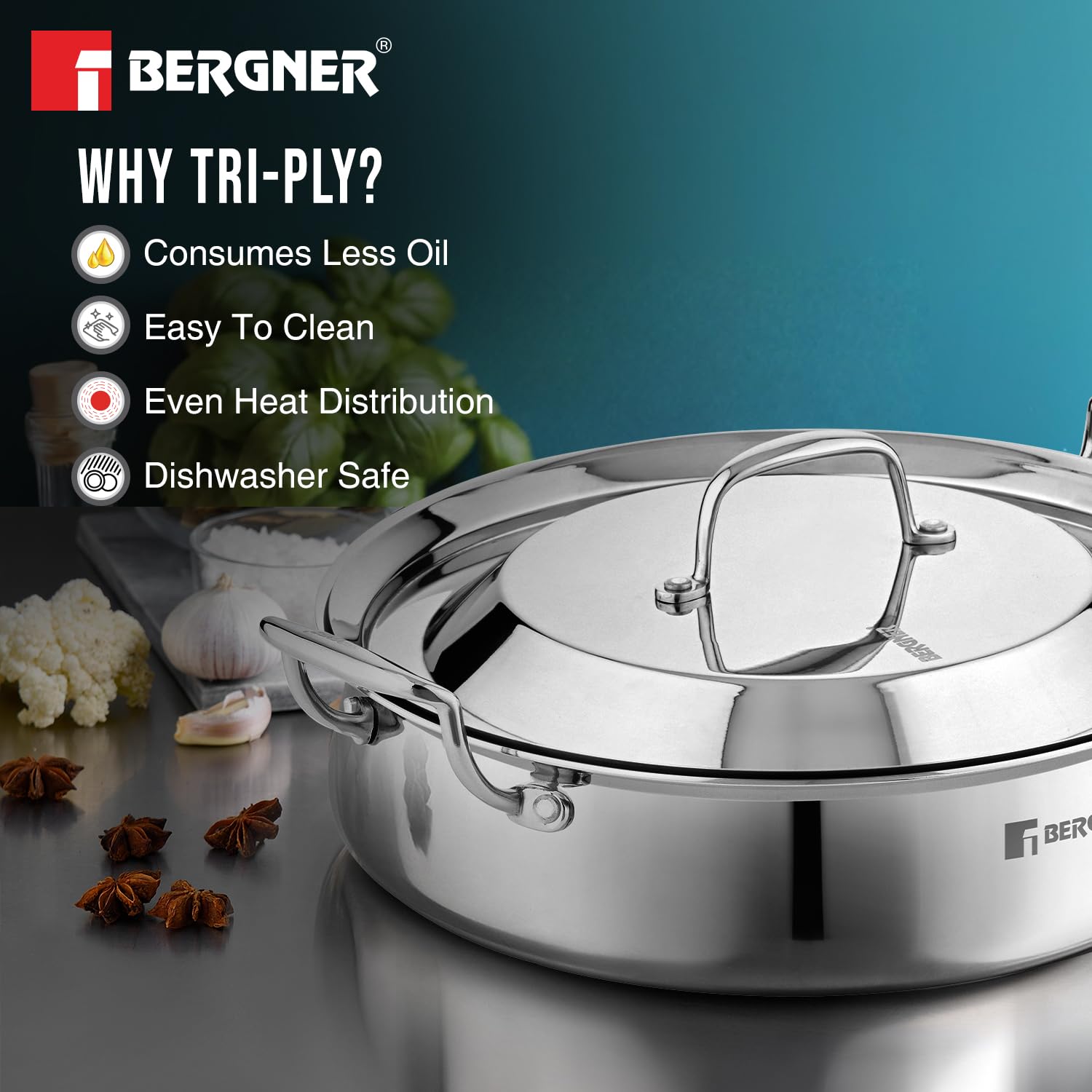 Bergner Argent Samsara Triply Stainless Steel 28cm (4.25 L) Biryani Handi/Cook & Serve Belly Shape Shallow Rice Handi, Consumes Less Oil, Healthy Cooking, Even and Faster Heating - Induction Bottom 2