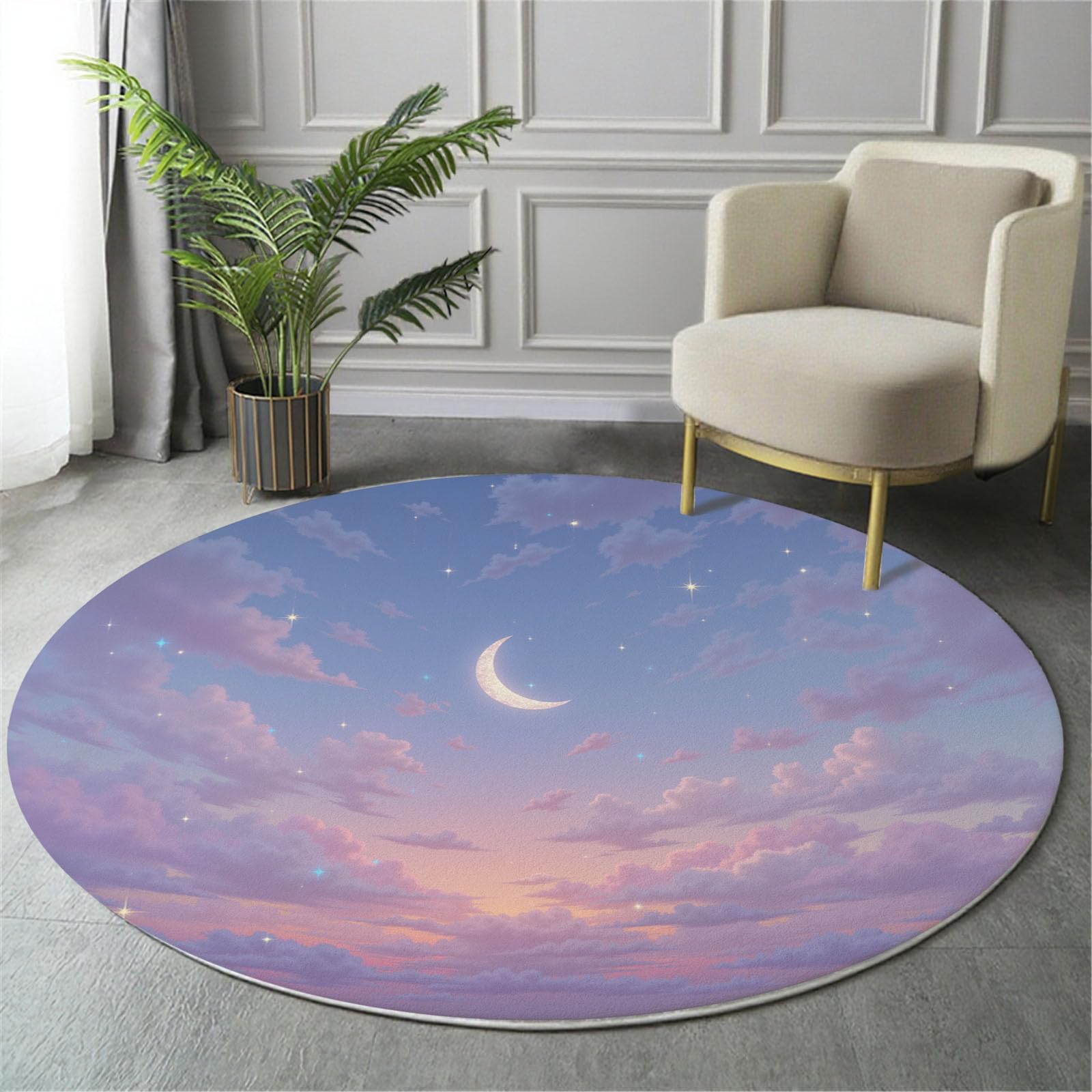 Tapis Rond 120cm Lavable Machine, Moquette Antidérapante Poil Bas Style Ciel Onirique, Motif Ciel Étoilé Lune Doux pour Salon Chambre Cuisine Nursery Bureau