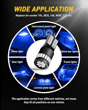 AUXITO 194 LED Light Bulb Blue 168 2825 W5W T10 Wedge 24-SMD 3014 Chipsets Error Free LED Replacement Light Kit for Car Interior Map License Plate Lights Dome Lights Marker Lights, Pack of 10