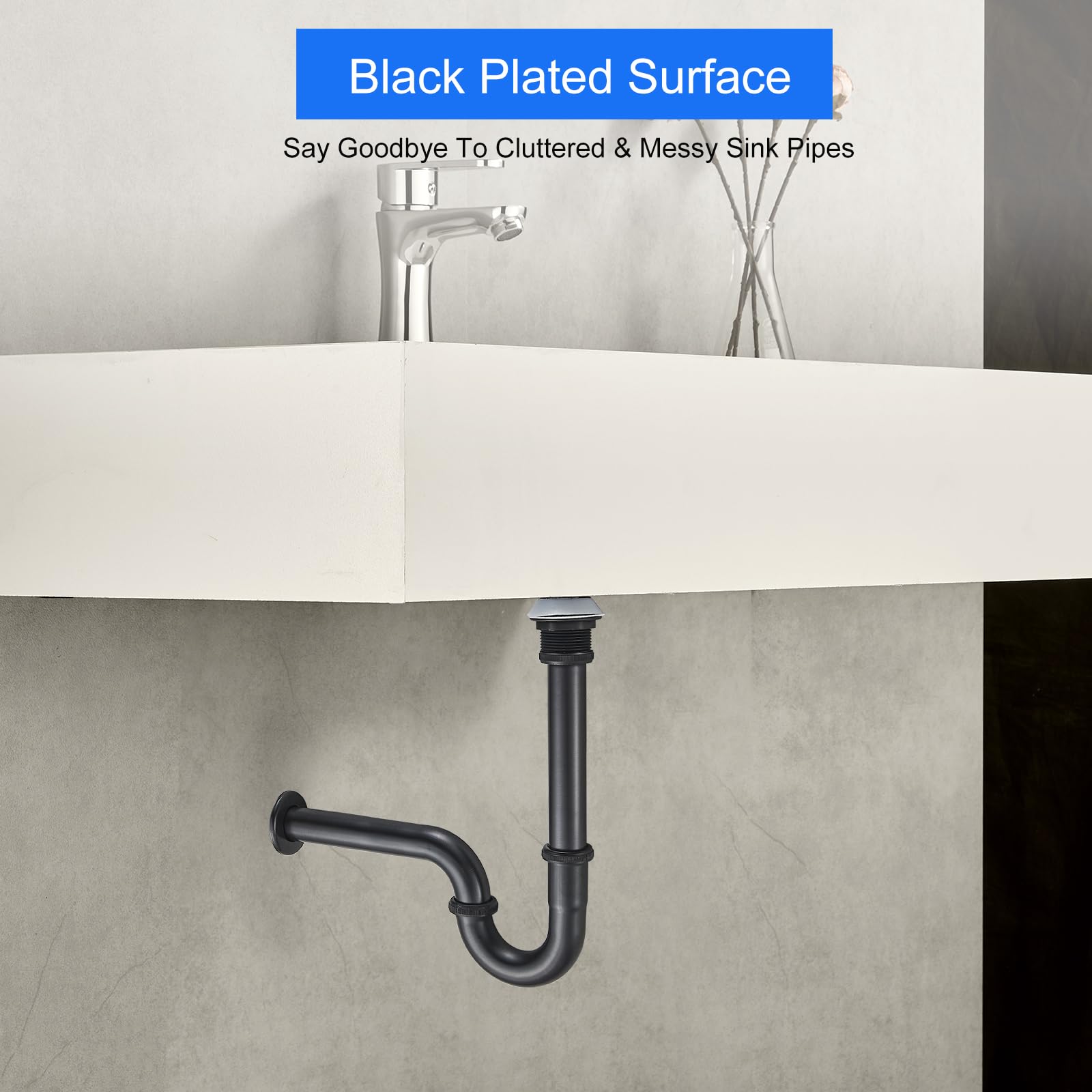 Trampa P de acero inoxidable con tapón para fregadero de baño, juego de trampa de botella de drenaje de fregadero de 1-1/4 sin desbordamiento, altura ajustable, kit completo de fontanería para