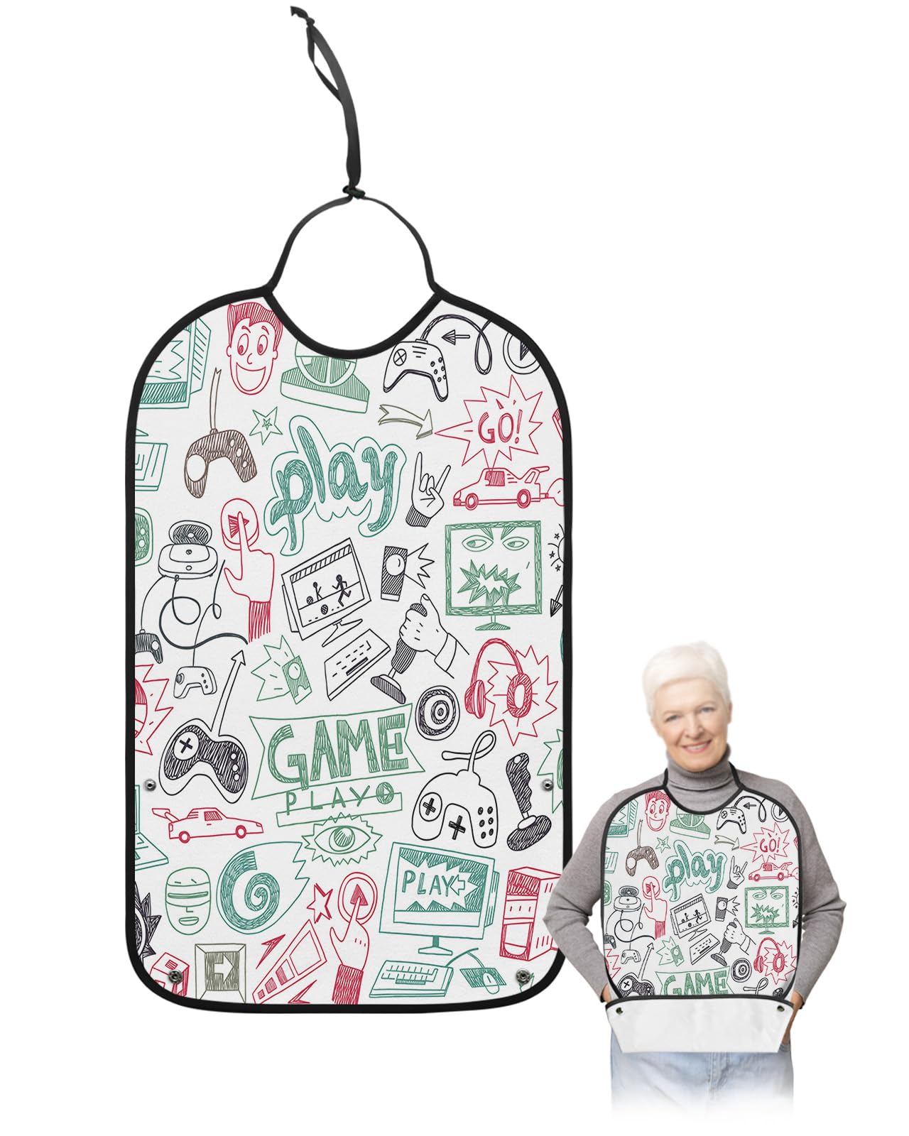 Video Game Adult Bibs for Eating, Waterproof Bibs with Food Catcher & Adjustable Snap Closure, Teal Red Gray Hand Drawn Pattern Cartoon Game Clothing Protectors Adult Bibs for Elderly Women/Men