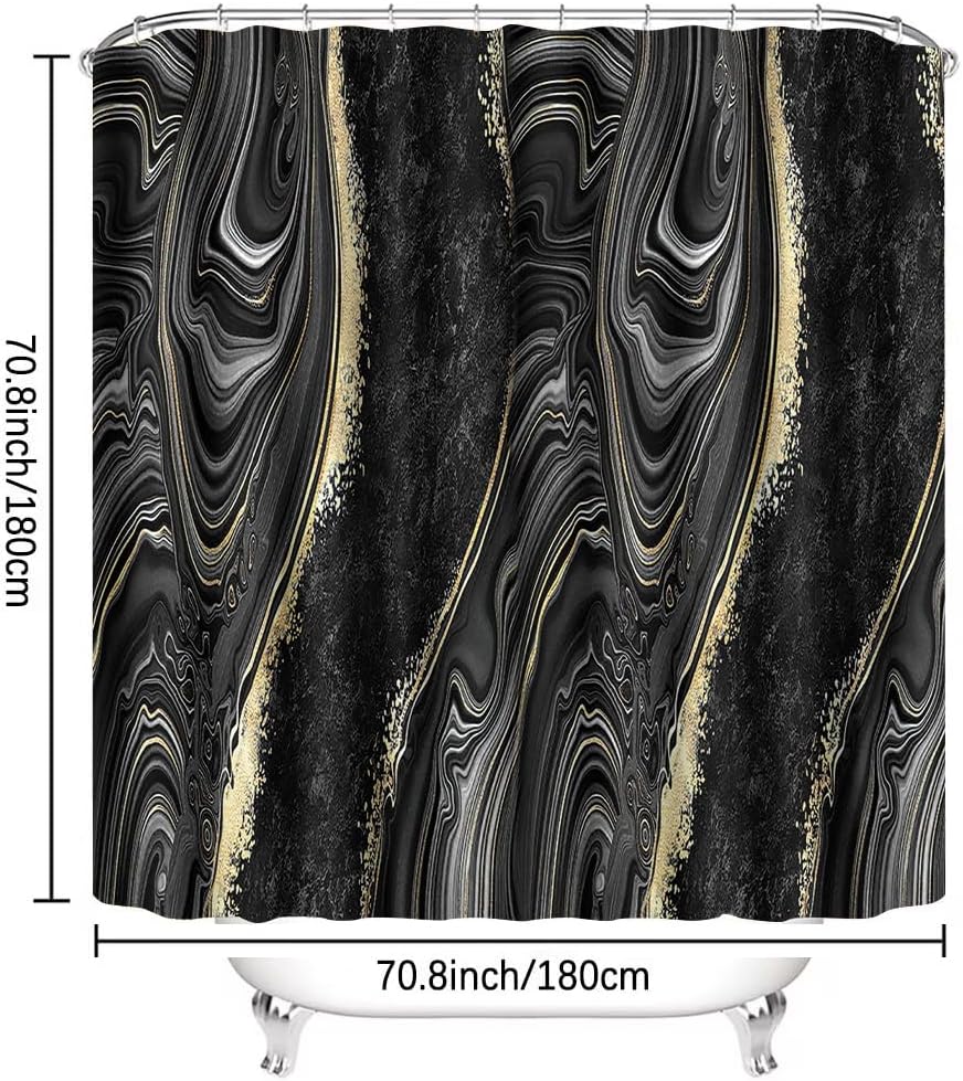 Black Marble Gold Shower Curtain, 70.8 x 70.8 inches, Waterproof, Modern Abstract Bathroom Decor Accessories with 12 Hooks, Washable Fabric.