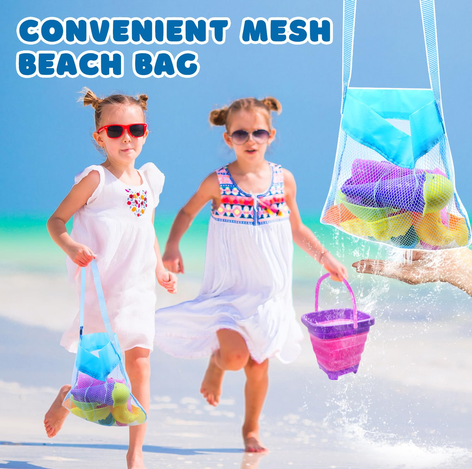 35 Piezas Juguetes de Playa para Niños, Juegos Playa Niños con Cubo Playa Plegable, Bolsa Malla Reutilizable, Pala de Arena, Moldes de Arena, Juguetes al Aire Libre para 3 4 5 Años