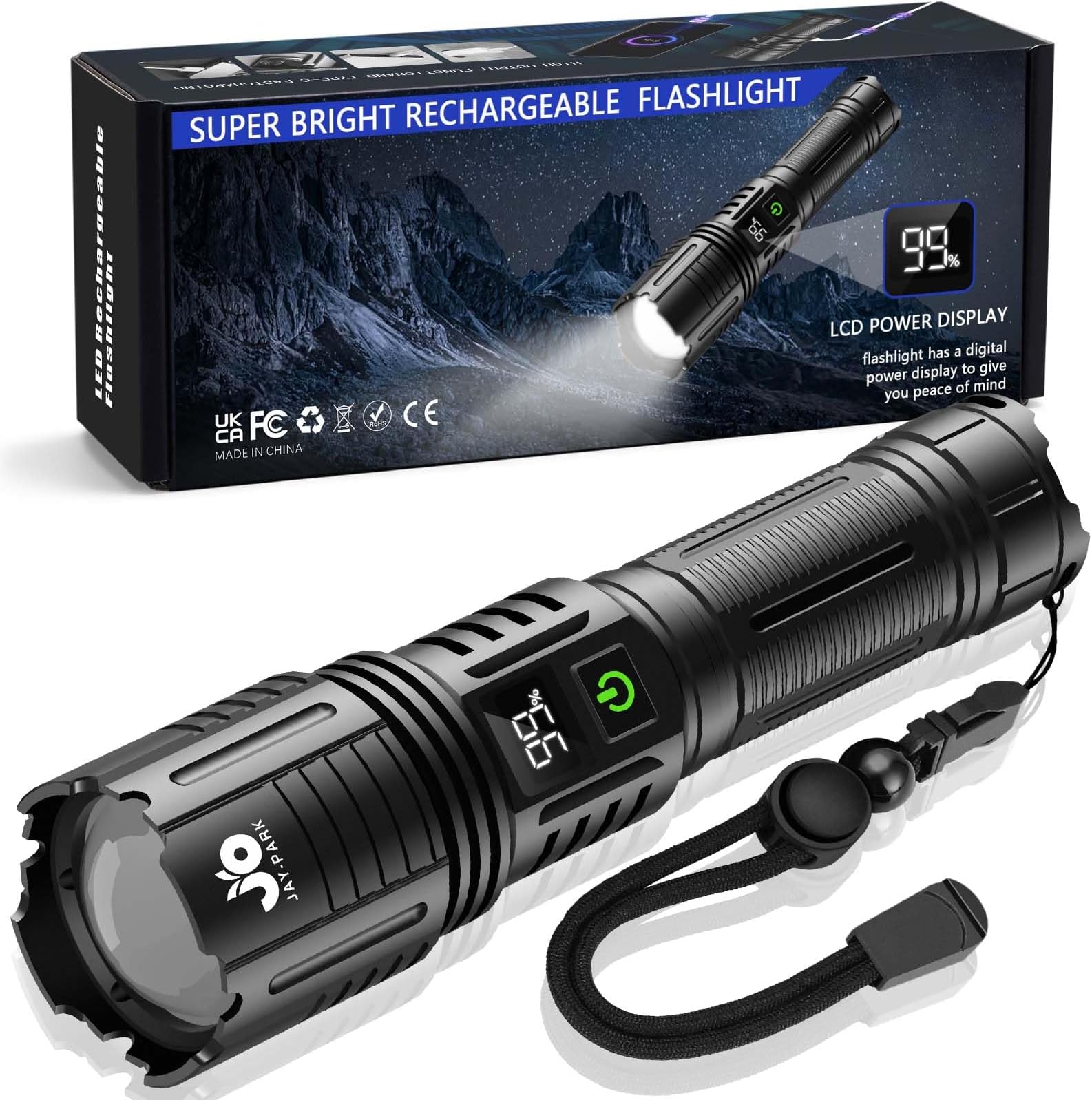 Rechargeable Flashlights 10000 Lumen, LED Flashlight with Digital Power Display and Zoomable, Flashlights High Lumen Super Bright Long Distance for Camping, bushcraft, Outdoor