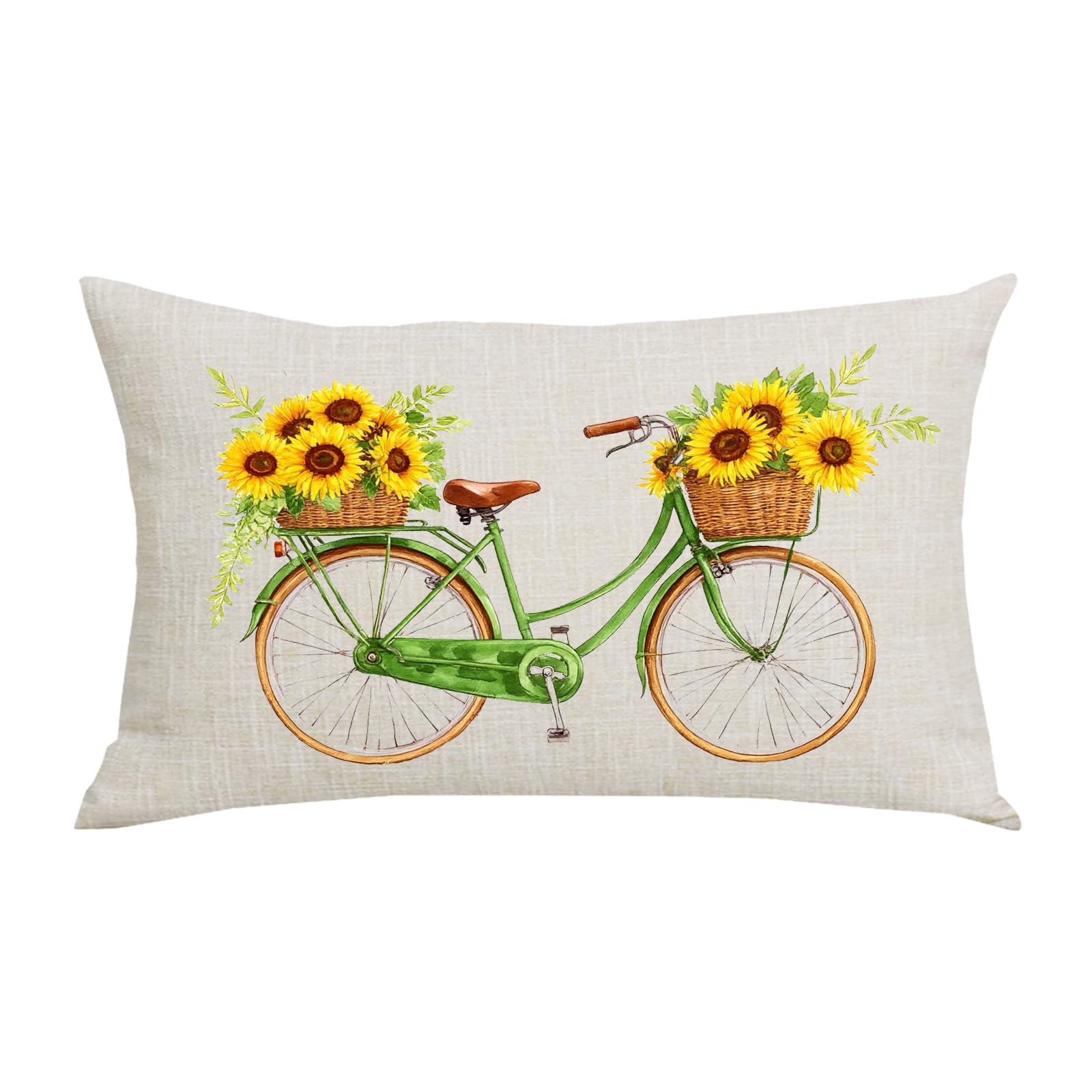 WENIANRU Ink Painting Watercolor Yellow Sunflowers Green Bicycle Summer Home Sofa Chair Bed Decoration Lumbar Pillowcase Cotton Linen Decorative Throw