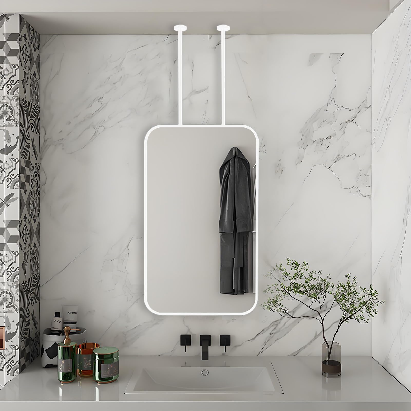 FGXHHS Nordic Ceiling Mounted White Mirror, Rectangle Double Boom Hanging Modern Simple Decor Living Room Cloakroom (40cmx70cm)
