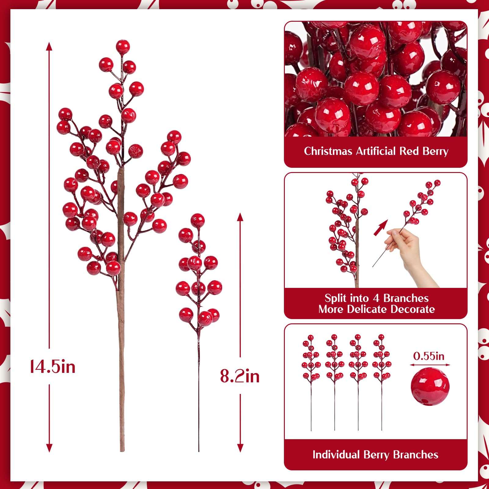 MACTING Christmas Red Holly Berry Stem Ornaments, 8 Pcs Large Branches/32 Pcs Twig Artificial Berry Stem, 17Inch Removable Berries Stems, Home Decorative for Christmas Tree Wreath - Image 2