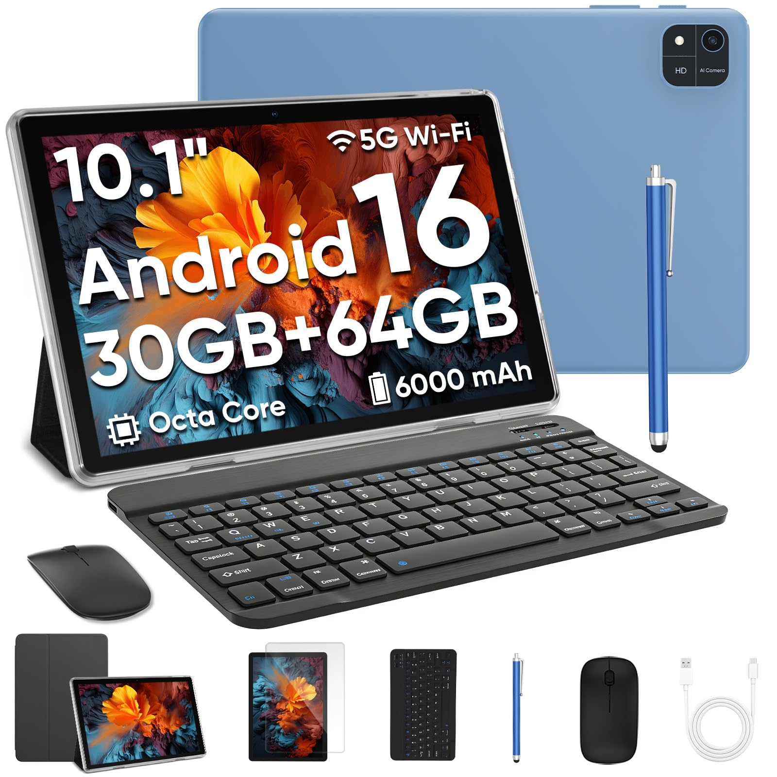 TUOHAITIME Tablet Android 16 da 10 pollici, 24 GB RAM + 64 GB ROM, 1 TB, espandibile, risoluzione dello schermo 1280p, processore Unisoc T606 Octa-Core, WiFi 6/doppia fotocamera/Face ID/GPS/batteria