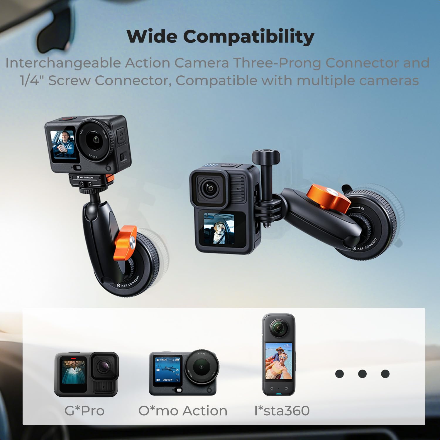 K&F CONCEPT Uchwyt na przyssawkę z przegubem kulowym do GoPro i Osmo Action | Silne ssanie, uchwyt kulowy 360°, magiczne ramię, stop aluminium, obciążenie 3 kg, kompatybilny z GoPro/Osmo XP01