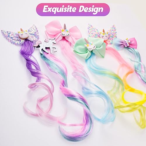 Miniatura 3 de Little World - Pinzas para el cabello para niñas, 6 extensiones de cabello rizado con clip con bonito lazo de unicornio, pinzas para el cabello de