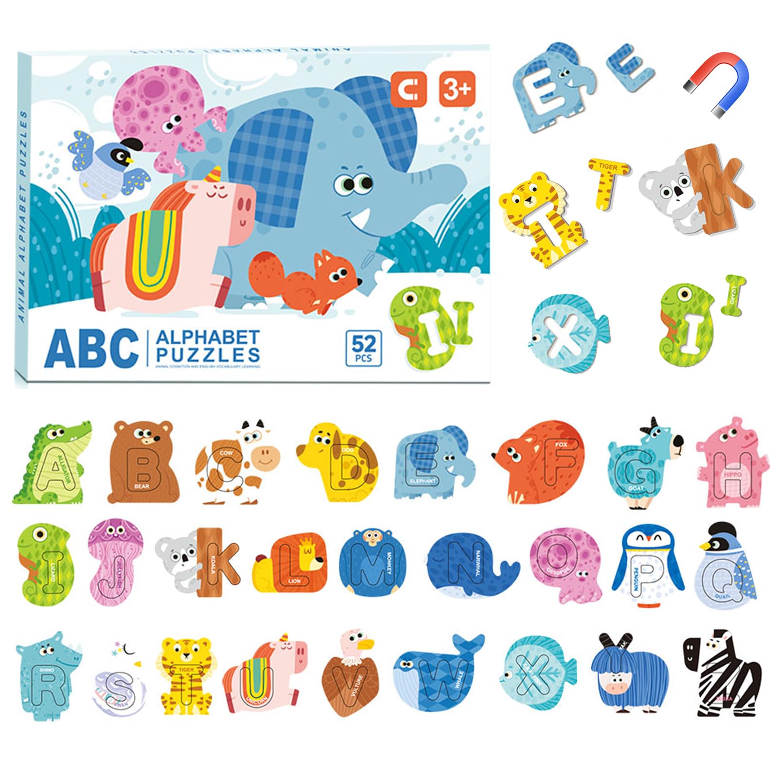 GOGOLAN 52 Pcs Magnetic Letters Animals Puzzle Letters Puzzles,ABC Fridge Magnets for Kids, Alphabet Magnets for Fridge,Spelling Learning Magnetic Games for Kids,Travel Plane Activities for Toddlers