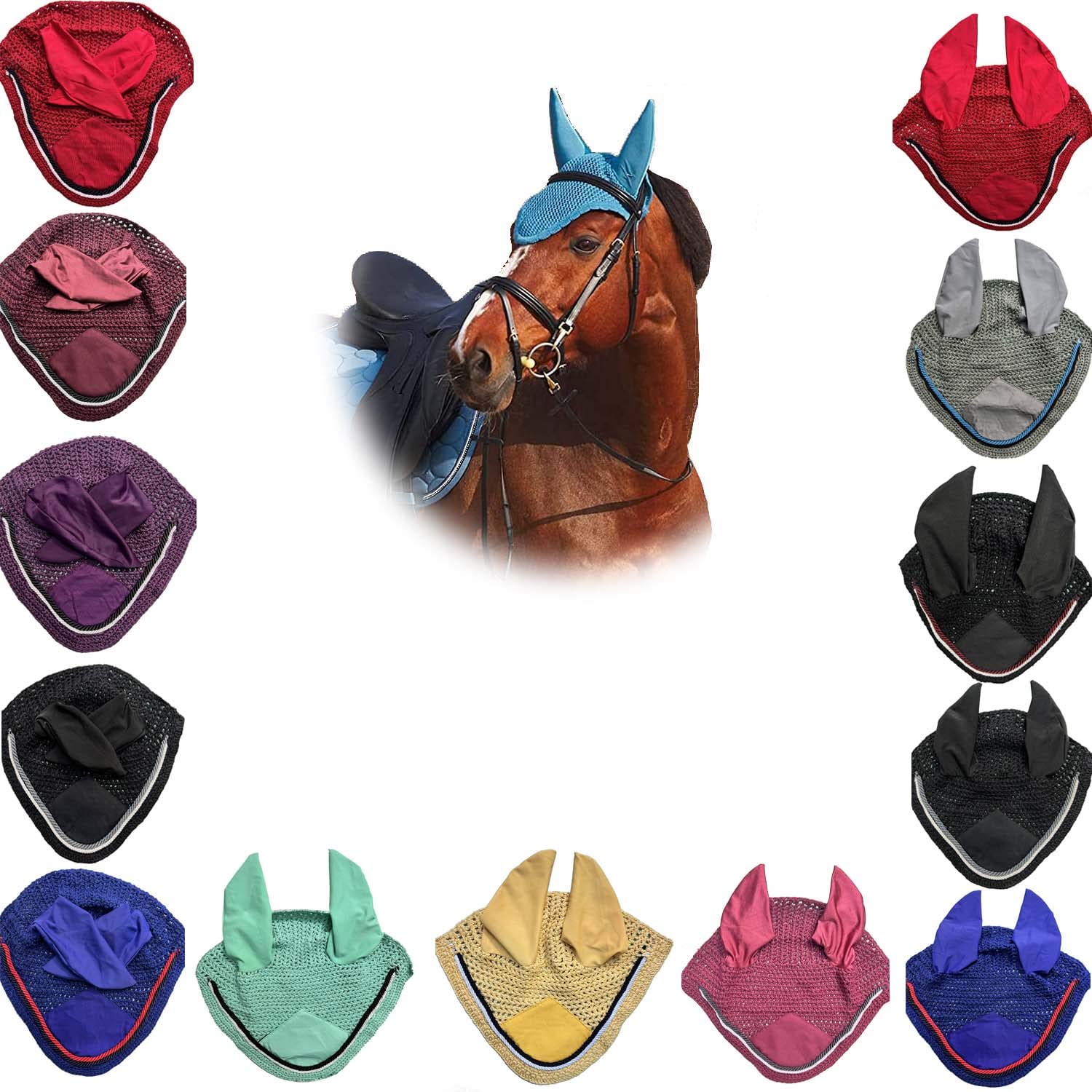 Spire Voile de protection pour cheval en coton respirant doux au crochet avec capuche pour contrôle des mouches (pony, violet/gris-blanc)