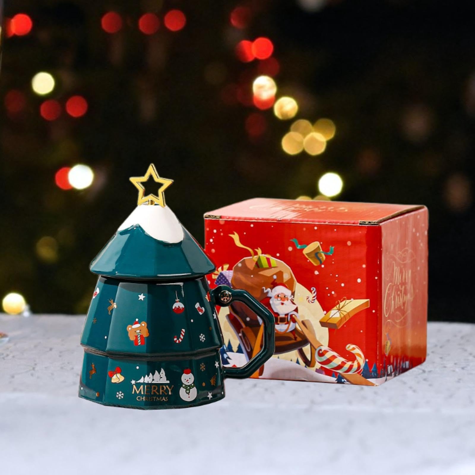 Tasse de Noël En Céramique, Verre Céramique, Cadeau D'anniversaire Décoratif, Verre Unique avec Couvercle, Cadeau de Vacances, Tasse de, Vert