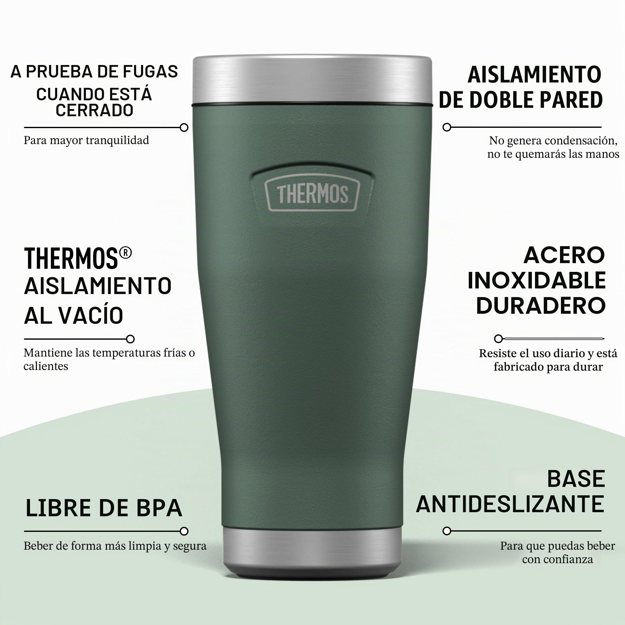 Thermos - Icon Rock Cap - Vaso de viaje verde (470 ml), taza de café de acero inoxidable aislada reutilizable para bebidas calientes o frías, termo de agua sellado al vacío con tapa a prueba de fugas
