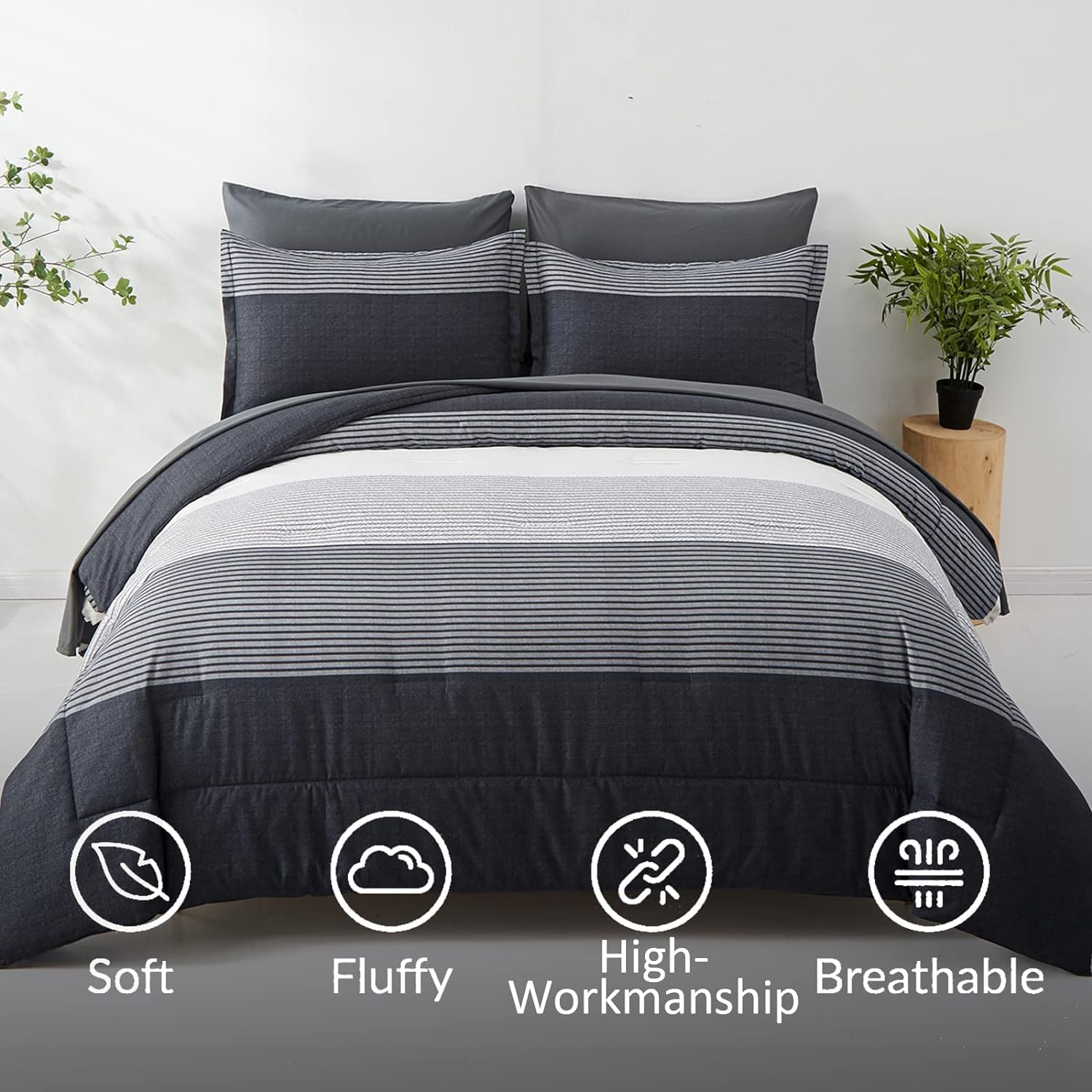 7 Pieces Black Grey Striped Comforter King Size - Lightweight Bed in a Bag Bedding Comforters Set, All Season Microfiber Complete Bedding Set with Flat/Fitted Sheet, Pillowcases and Pillow Shams - Image 3