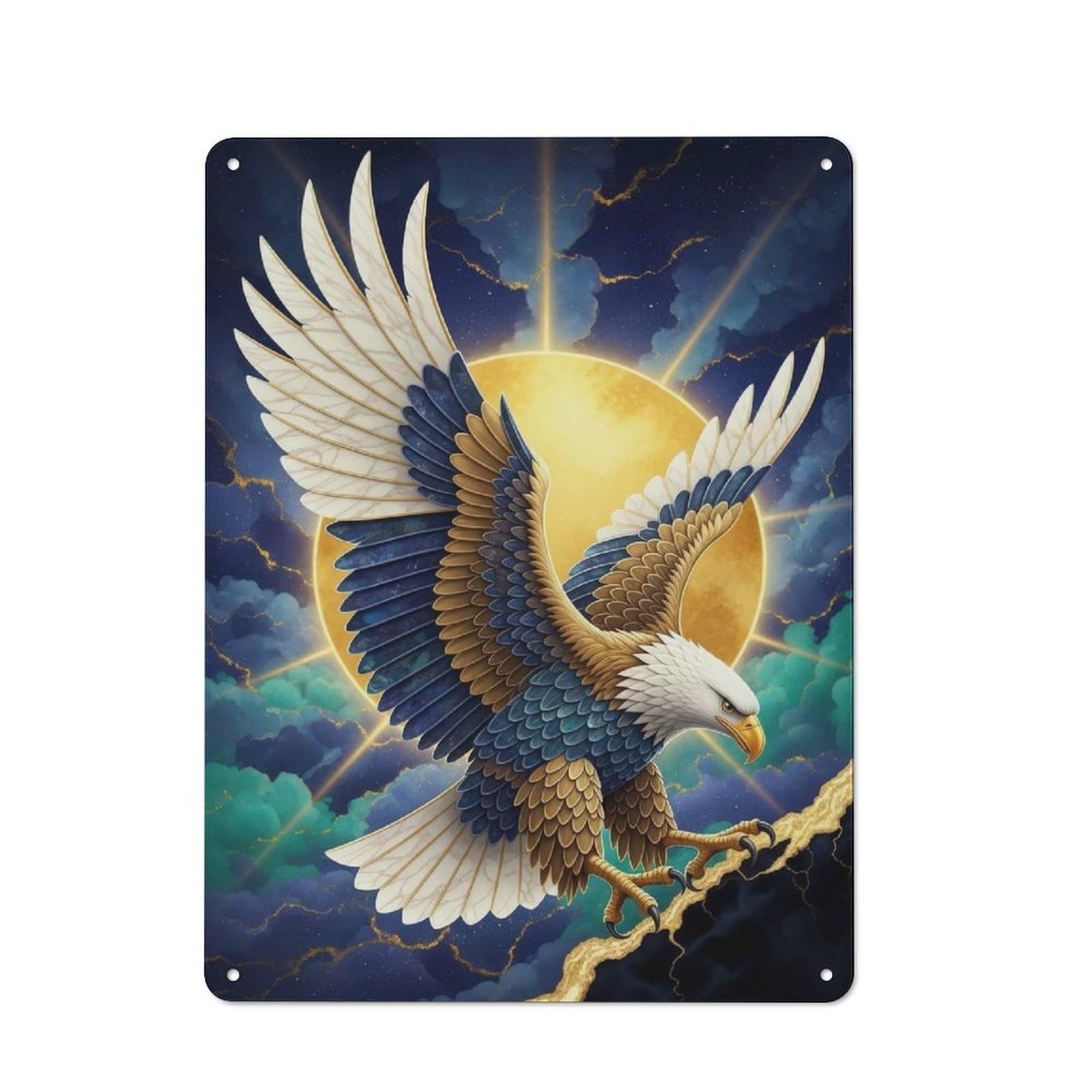 Junmoney Style-12 Tin Wall Plaque 40X30cm With Golden Sun Eagle For Guest Room Or Hallway, For Garage, Workshop And Man Cave Decoration