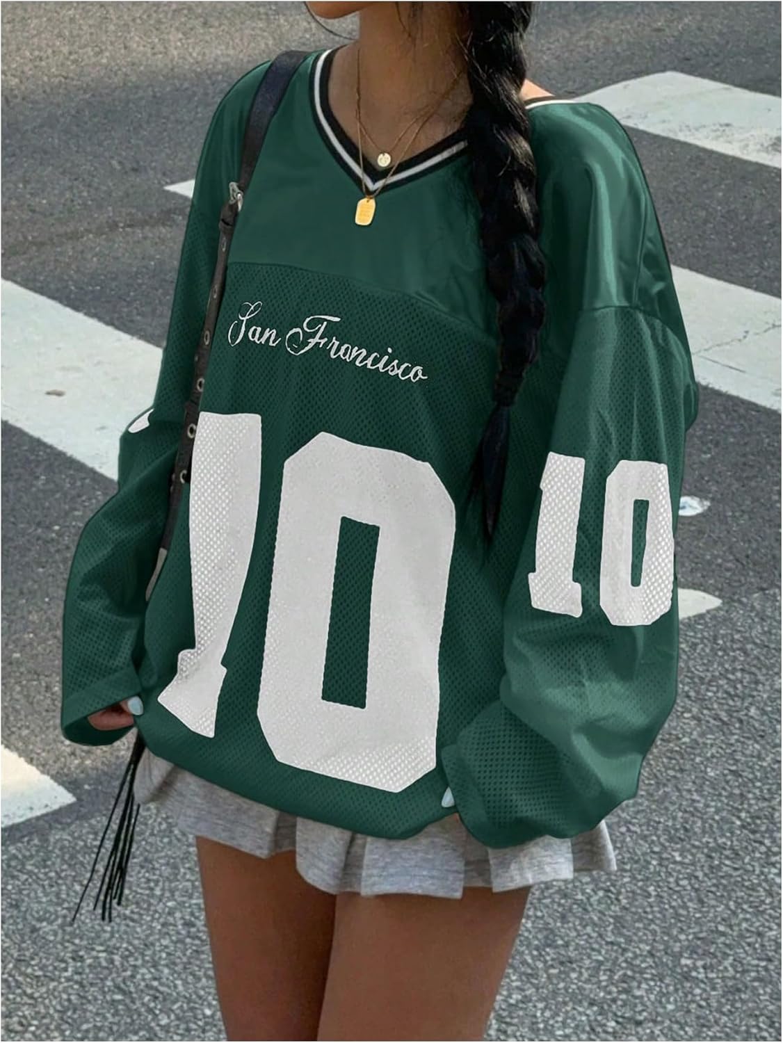 Women's Jersey Shirts Number Letter Graphic V Neck Long Sleeve Oversized Sports T Shirts Tops - Image 4