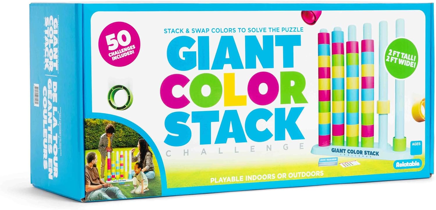 Giant Color Stack Challenge By Relatable - The Ultimate Jumbo Brain Teaser & Strategy Game - Includes 50 Puzzles for Indoor/Outdoor Play, Perfect Yard Game for Ages 6 and Up
