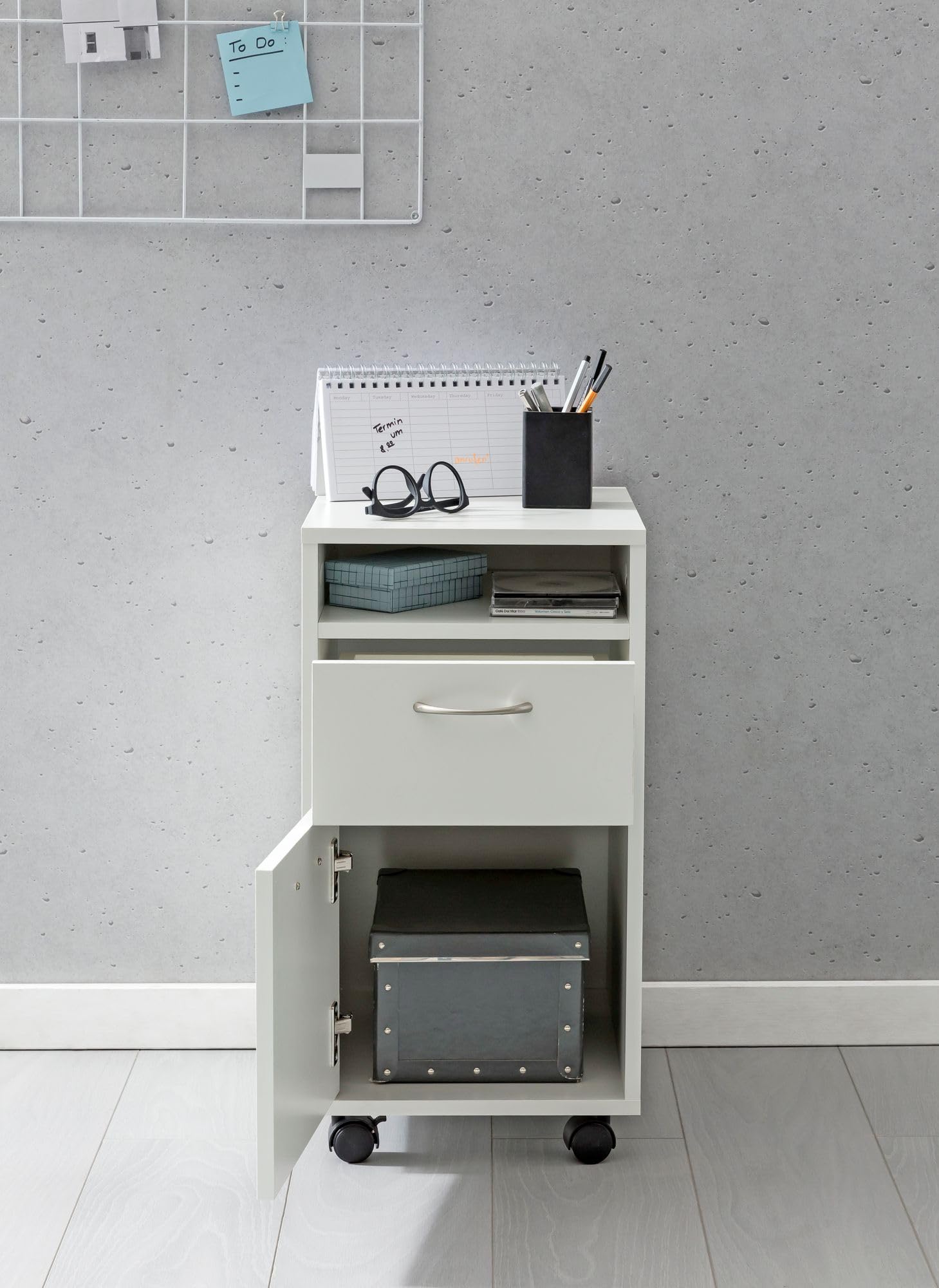FineBuy Cassettiera con Ruote 33x38x63 cm Legno Bianca con Anta e Cassetto | cassettiera da scrivania su ruote, cassettiera da ufficio piccola, cassettiera con ruote entra sotto la scrivania