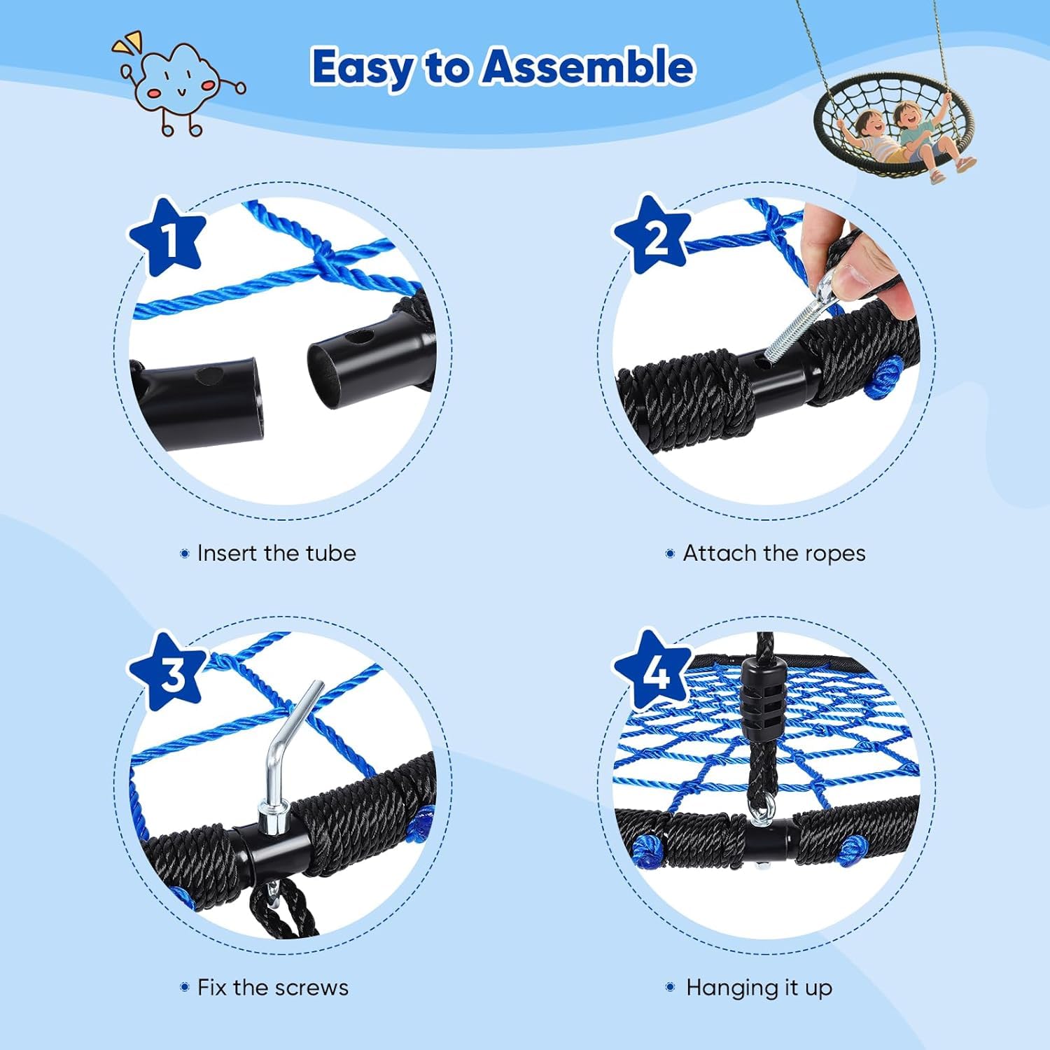 Balançoire nid d'extérieur, cordes réglables en hauteur, diamètre : 100 cm, pour jusqu'à 300 kg, balançoire pour enfants et adultes, balançoire nid d'oiseau de 100 cm - 4