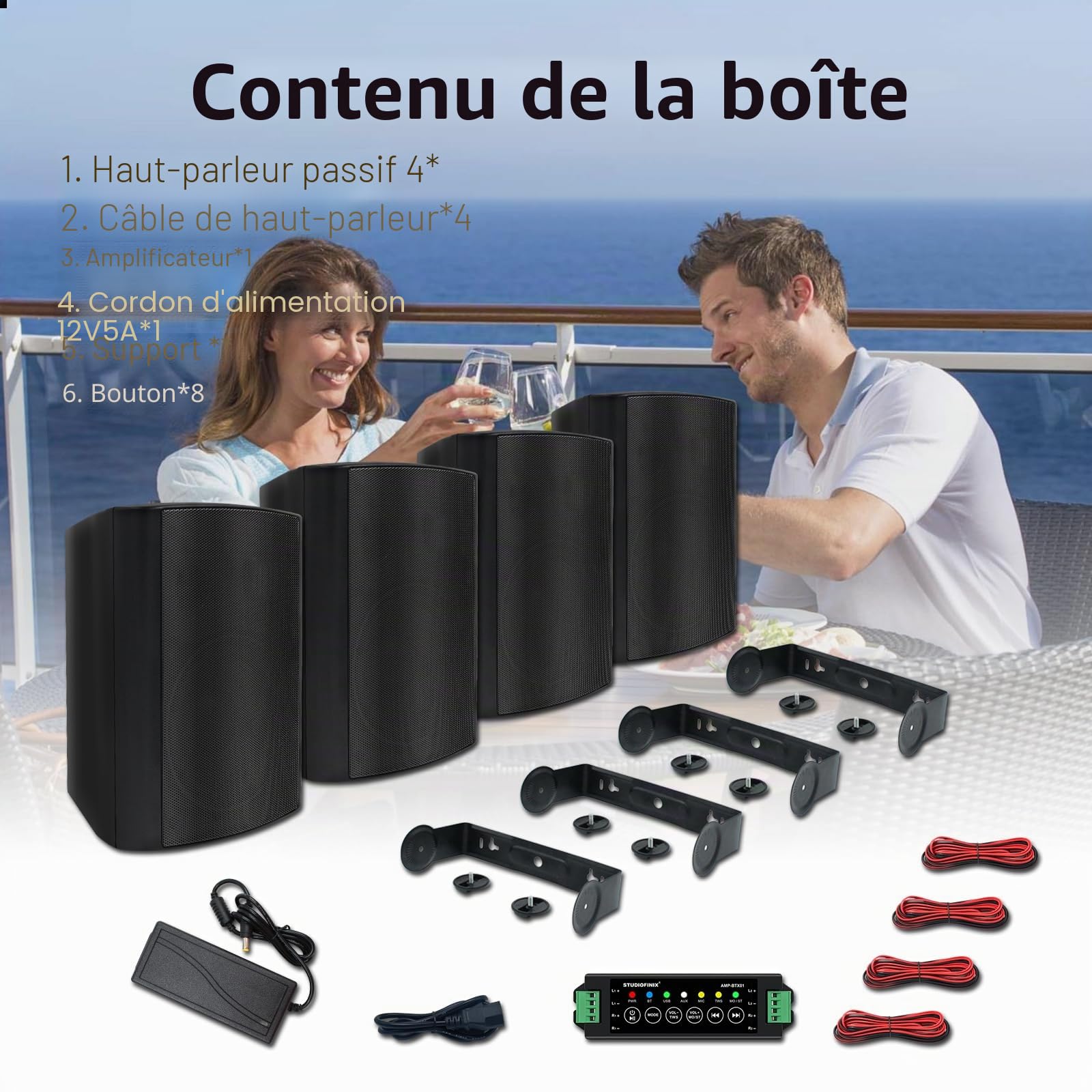 STUDIOFINIX 600Watts Etanche Enceintes d'extérieur Bluetooth 5.25 Pouces Haut-parleurs Extérieurs étanches pour intérieur extérieur(4 Haut-parleurs，Noir)