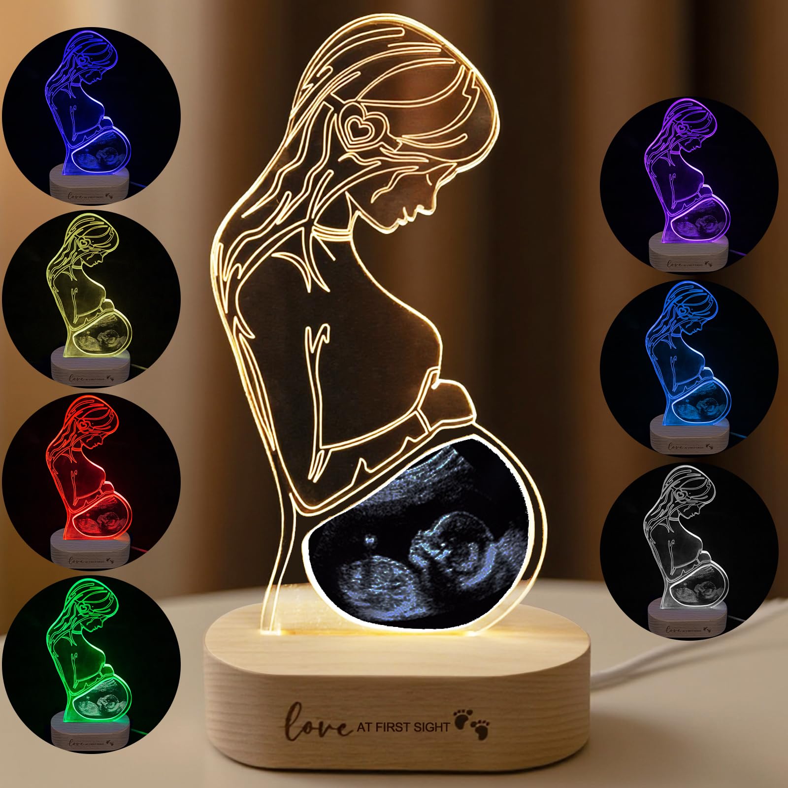 Heart's Sign Glowing Light Up Photo Frames Ultrasound Picture Frame Personalised Photo Gifts Acrylic Frame with Wooden Base for New Mum to Be | Unique Sonogram Gifts(Seven Colors)