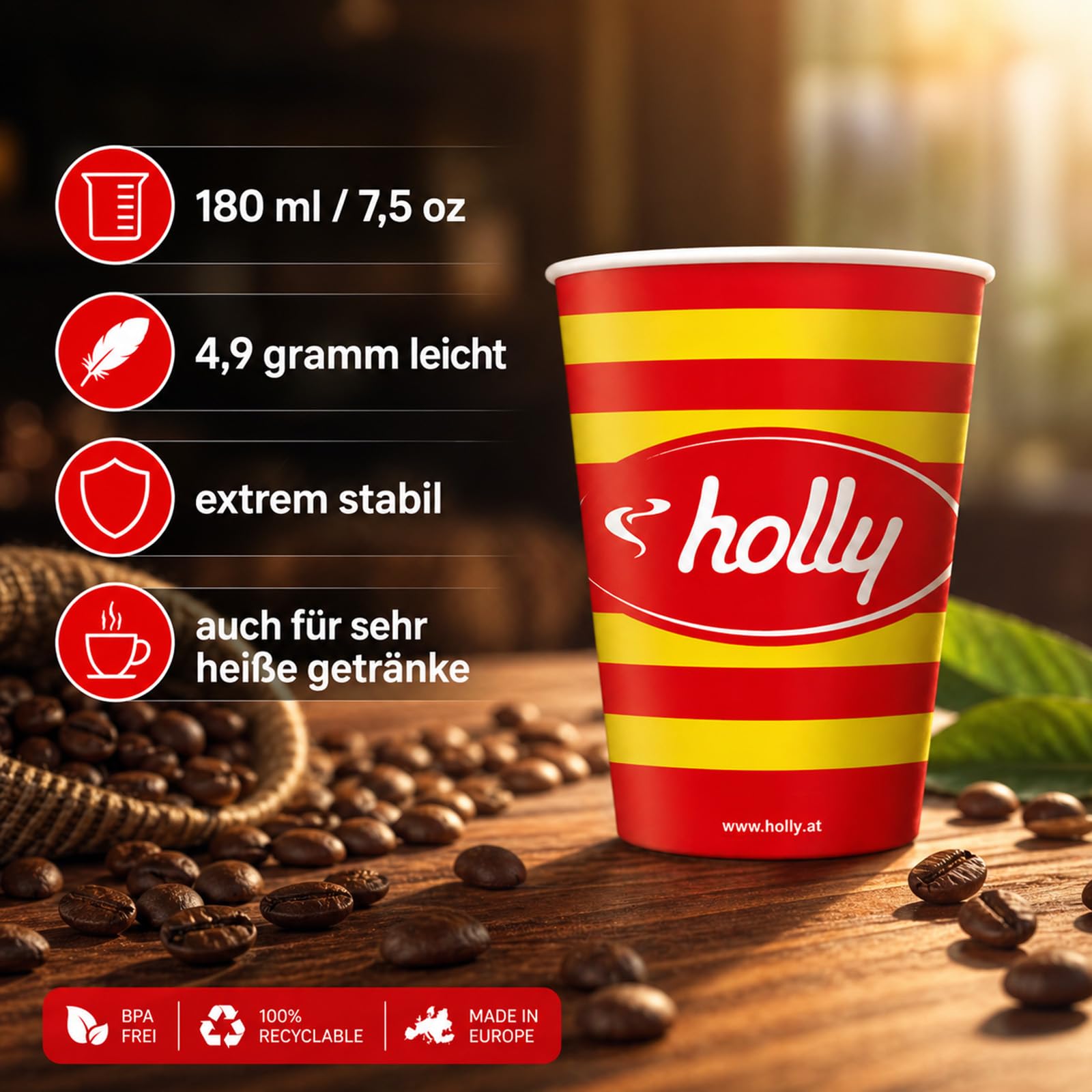 BURI Holly - 2000 tazze da caffè da 180 ml, in carta usa e getta, 7 oz, resistenti alle perdite, riciclabili, per macchine da caffè, feste, bevande calde, bevande fredde, prodotti in Austria