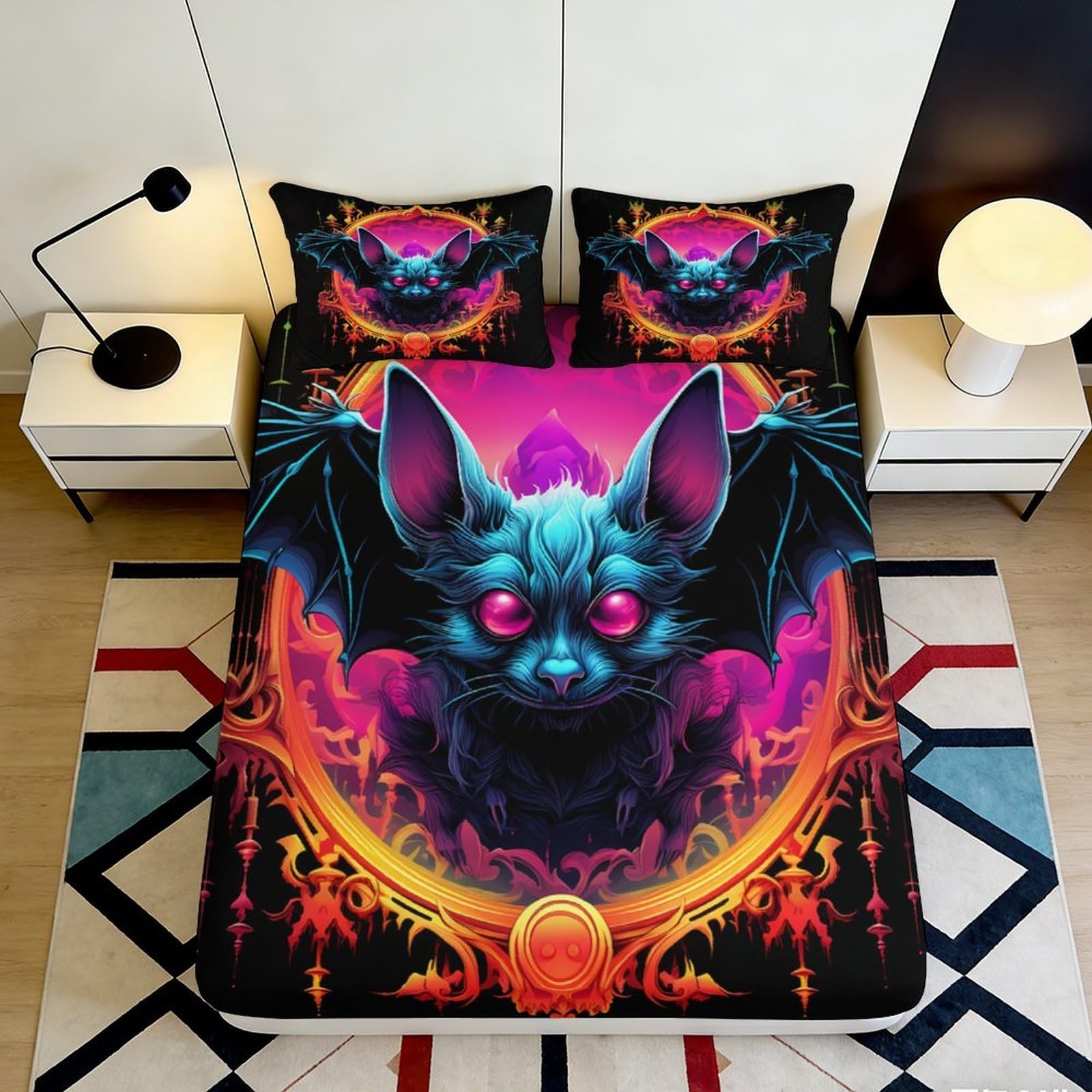3D Printed Neon Bat Fitted Sheet Microfiber Vibrant Gothic Fantasy Mattress Cover for Bedroom Dorm Decor 90x200x25cm