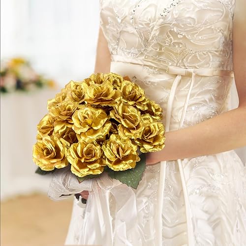 Miniatura 7 de Youeon 100 Pcs 3.5 Inch Gold Artificial Rose Heads with Stems, Silk Rose Faux Flower Heads Bulk for DIY Wedding Bouquets, Party Table Centerpieces,