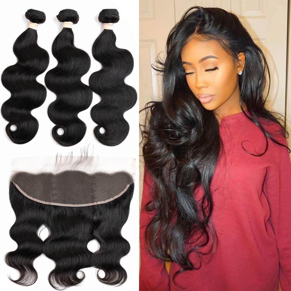 Beauhair Bundles With Frontal Brazilian Body Wave 3 Bundles with Frontal Brazilian Remy Hair Natural Color 100% Unprcessed Human Hair Extension (22 24