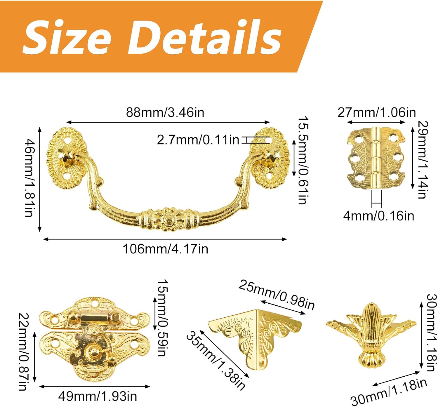 MOROBOR Gold Jewelry Box Antique Lock Latch Hasp Hinges Handle Box Corner Protectors Kit for DIY Jewelry Box, Wood Case Jewelry Chest Storage Box Feet Leg Corner Protector, Box not Included image 2